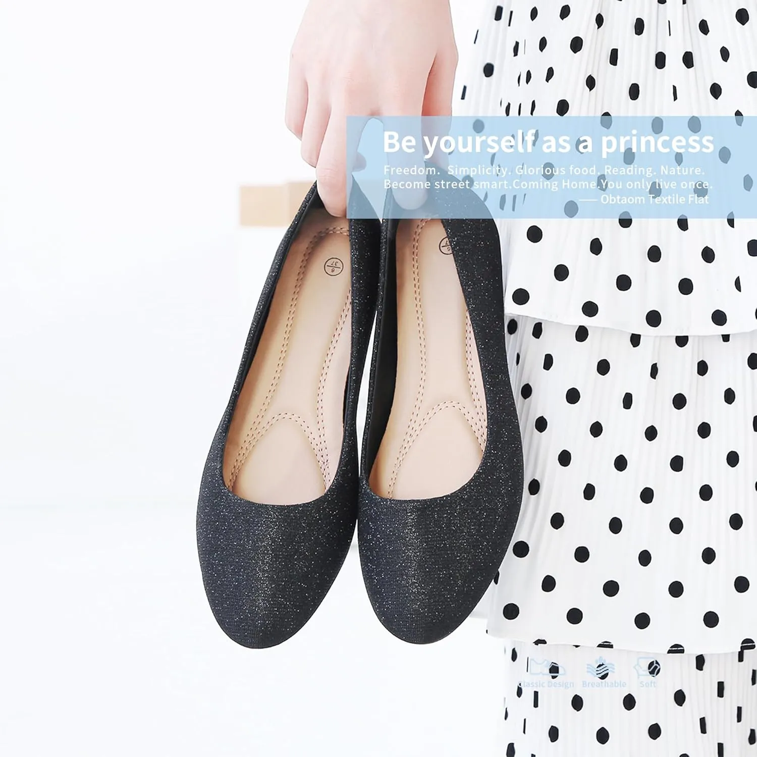 Obtaom Round Toe Women Flat Shoes Slip on Girls Dress Black Ballet Flats