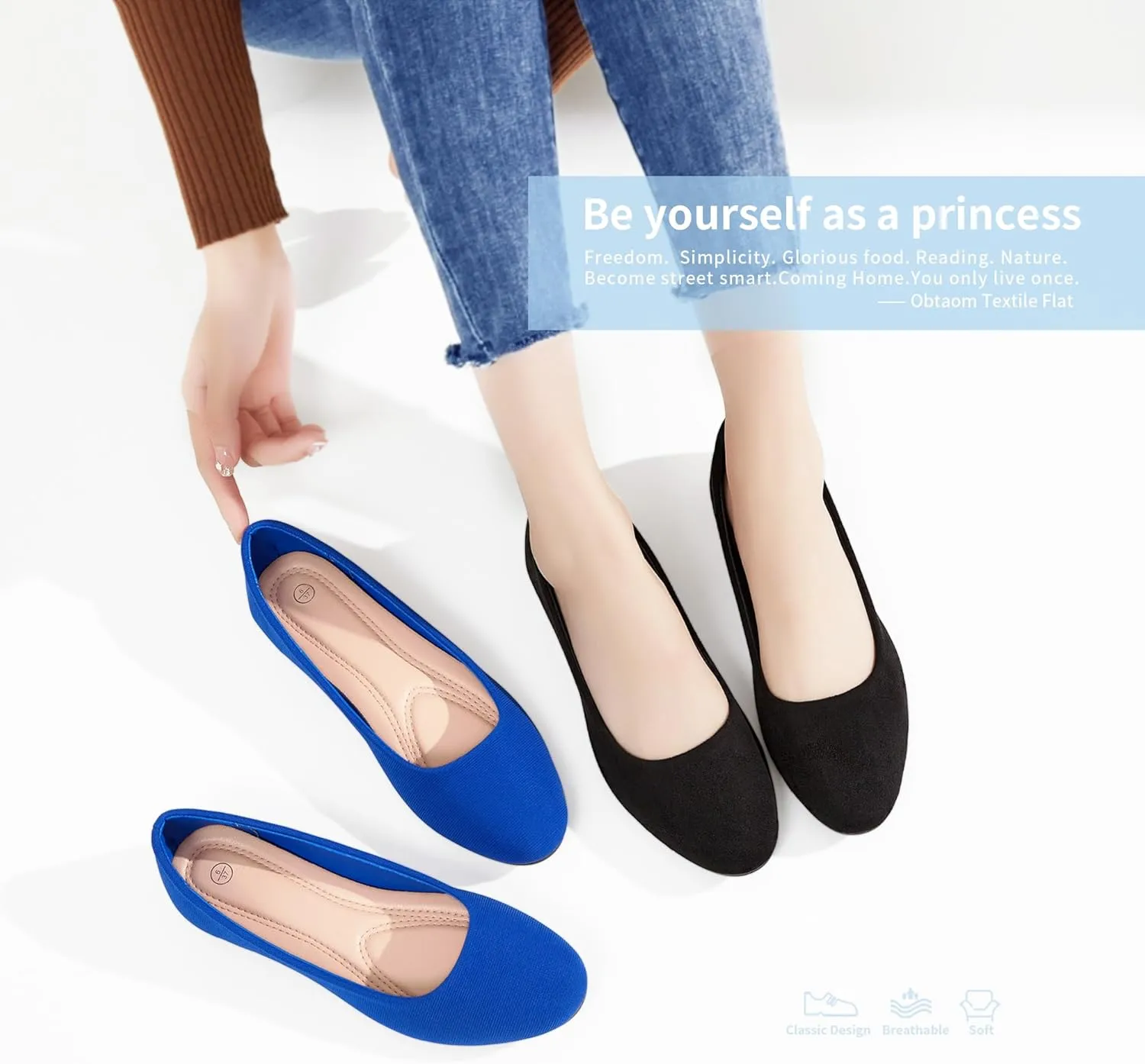 Obtaom Round Toe Women Flat Shoes Slip on Girls Dress Black Ballet Flats