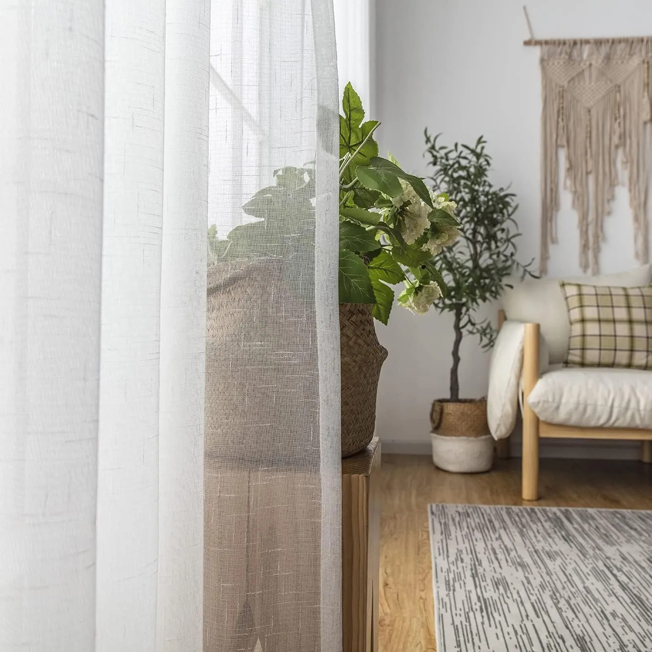 Off White Sheer Curtains 84 Inches Long 2 Panels, Thin Linen Textured Curtain for Living Room, Rustic Ivory See Through Window Decor, DIY Pinch Pleat Drapes for Track System