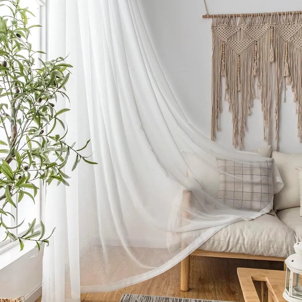 Off White Sheer Curtains 84 Inches Long 2 Panels, Thin Linen Textured Curtain for Living Room, Rustic Ivory See Through Window Decor, DIY Pinch Pleat Drapes for Track System