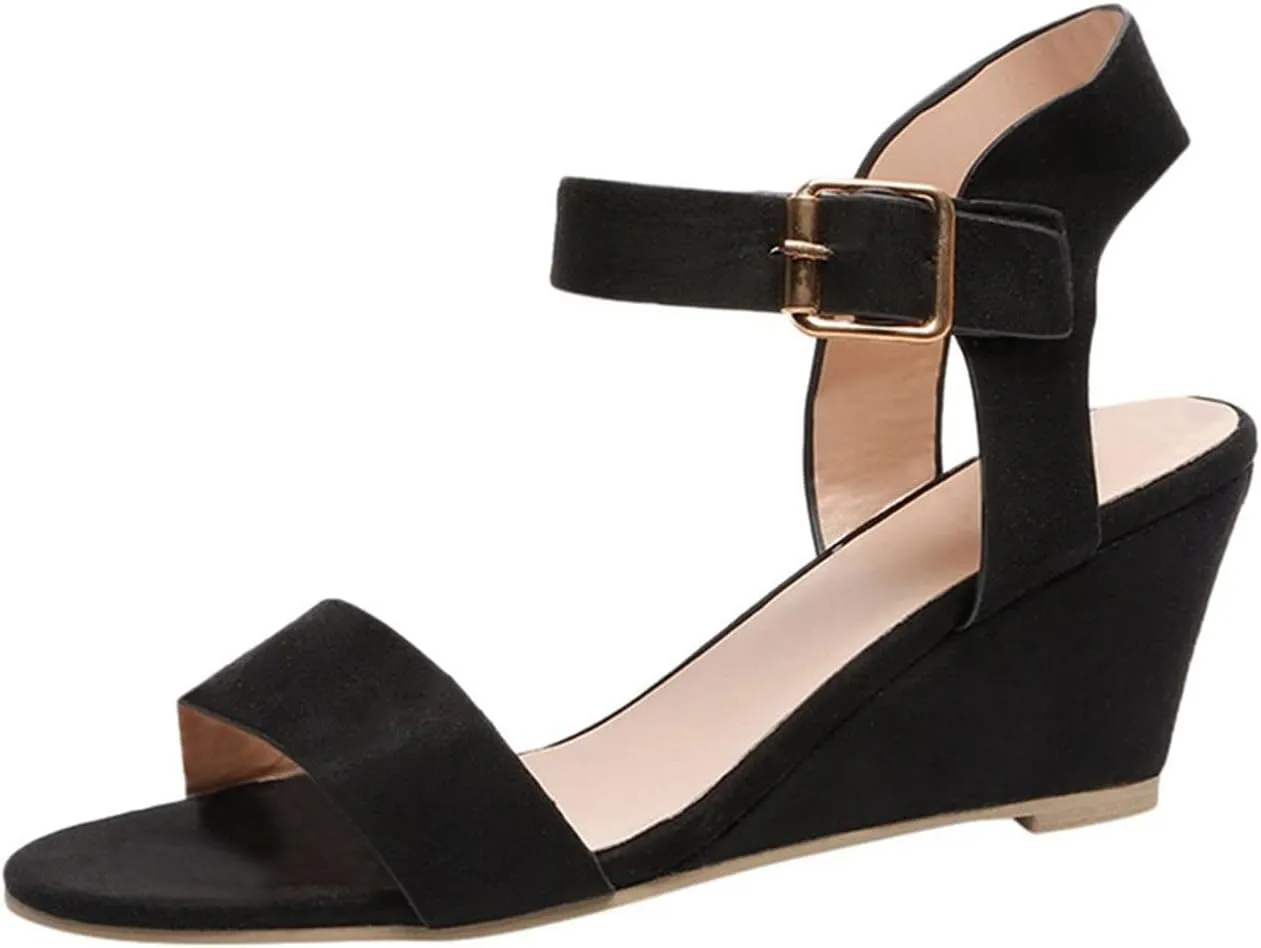 oiangi Suede Wedge Sandals for Women Fashion Solid Ankle Strap Buckle Round Toe Open Toe Low Top Sandalias Summer Comfortable Casual Ladies Shoes