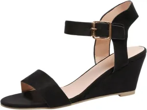 oiangi Suede Wedge Sandals for Women Fashion Solid Ankle Strap Buckle Round Toe Open Toe Low Top Sandalias Summer Comfortable Casual Ladies Shoes