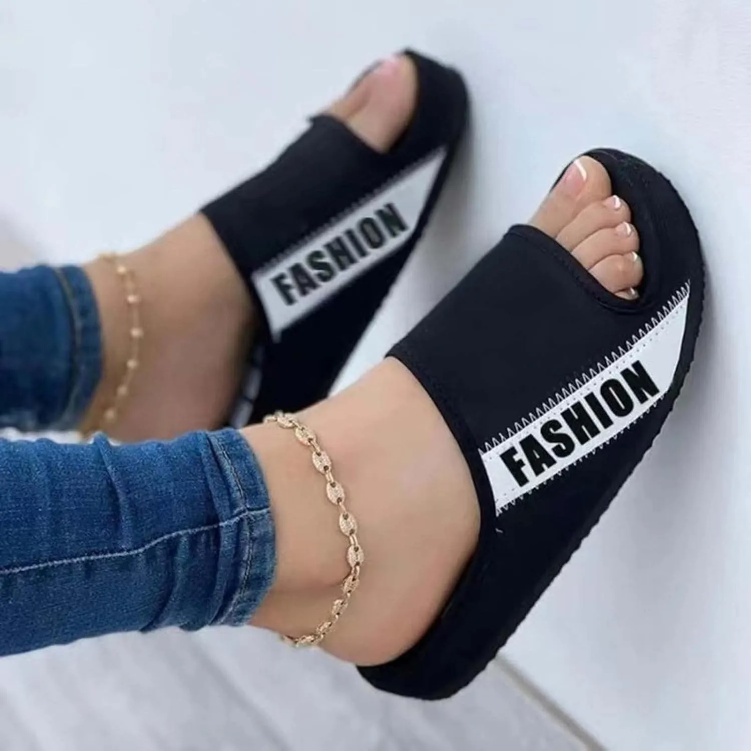 oiangi Summer Platform Slippers for Women Fashion Casual Fish Mouth Peep Toe Slip-on Slides Comfy Outdoor Letter Colorblock Ladies Non-Slip Shoes