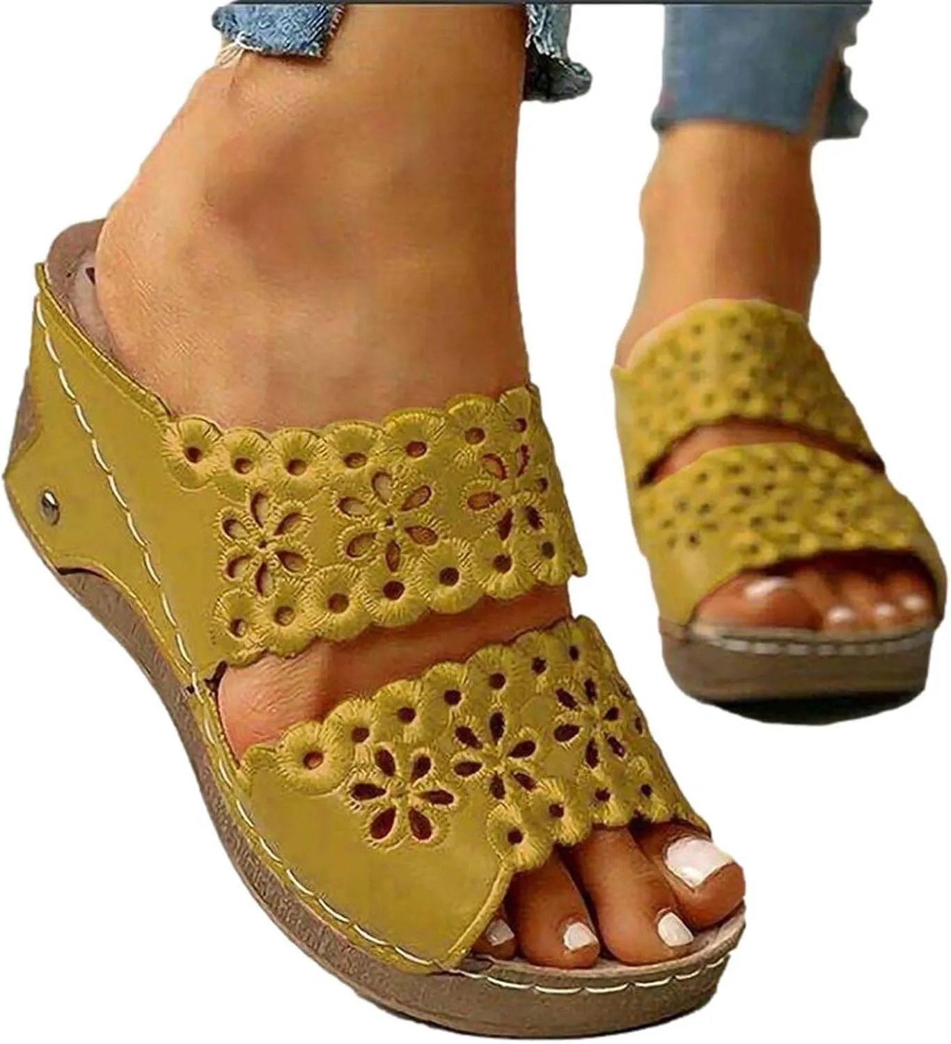 oiangi Summer Wedge Sandals for Women Casual Fish Mouth Open Toe Hollow Flower Embroidered Slip on Platform Slippers Solid Comfy Ladies High Heel Shoes Slides