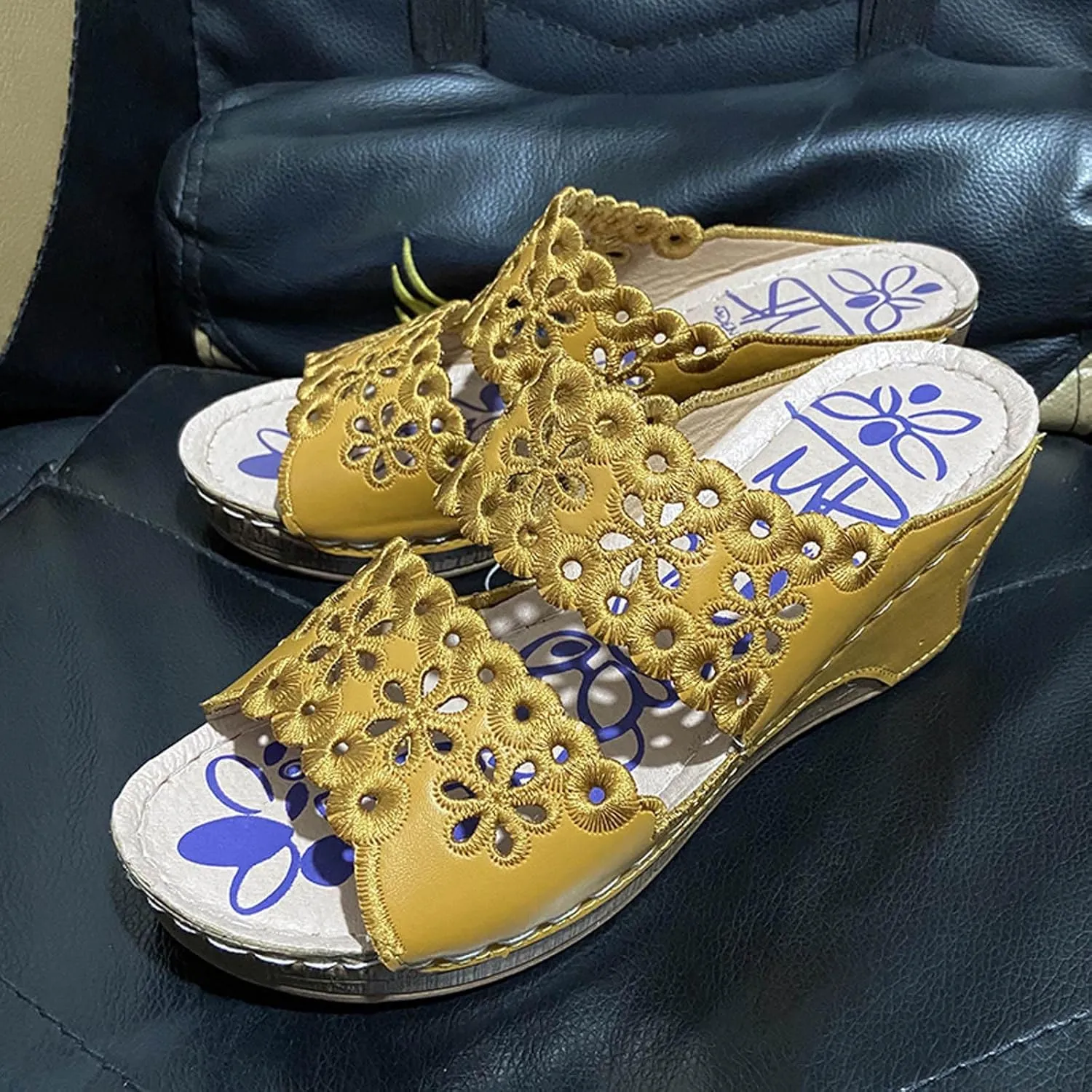 oiangi Summer Wedge Sandals for Women Casual Fish Mouth Open Toe Hollow Flower Embroidered Slip on Platform Slippers Solid Comfy Ladies High Heel Shoes Slides