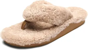 OLUKAI Kipe'a Heu Women's Sandal Slippers, Soft & Comfortable Shearling-Wrapped Straps, Durable RUbber Outsoles for All-Day Wear, Causal & Cute Everyday Style, Tan/Tan, 7