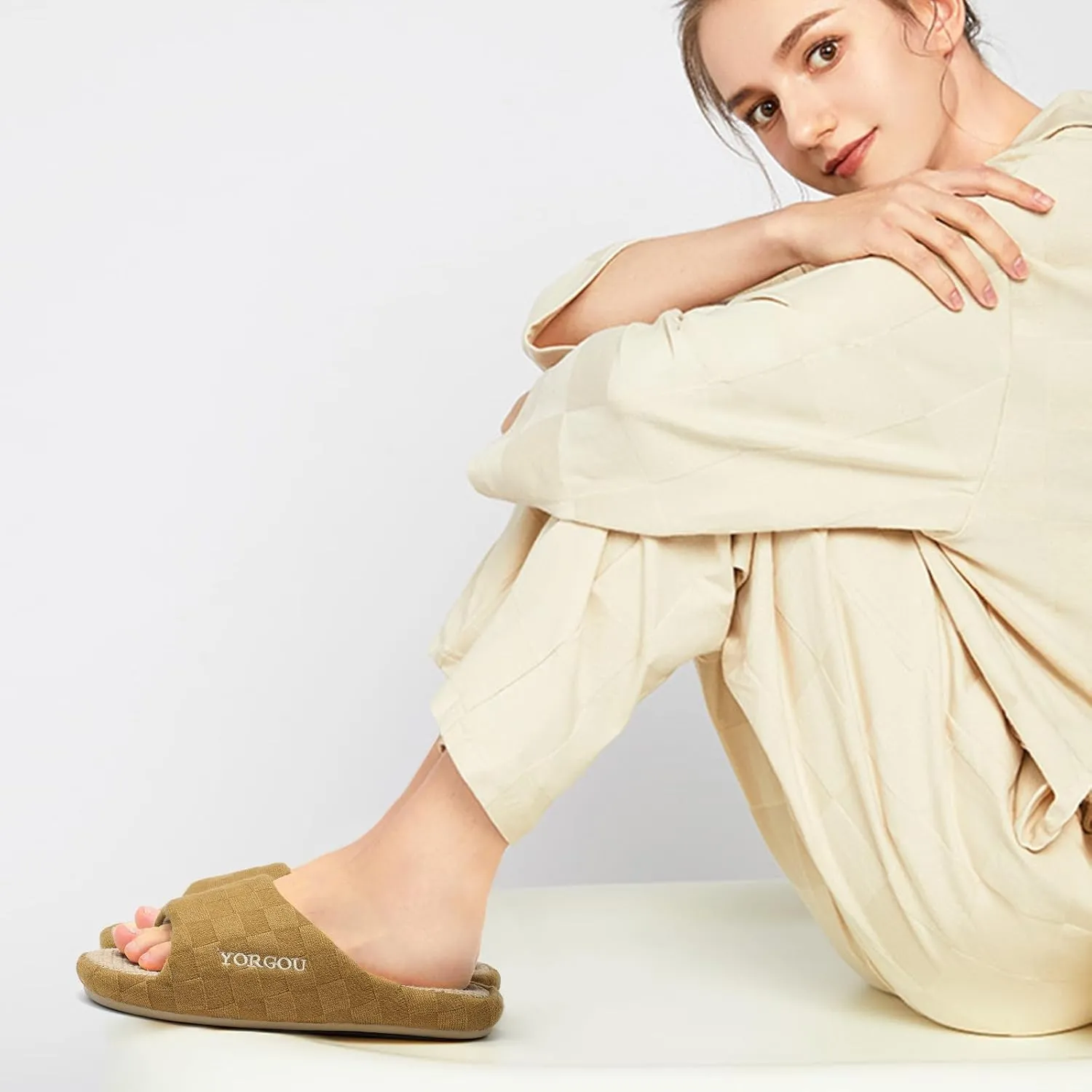 Open Toe Slippers for Women - Unisex Non-Slip Comfy House Slippers Linen Slip On Ladies Slides Breathable Indoor Shoes Washable