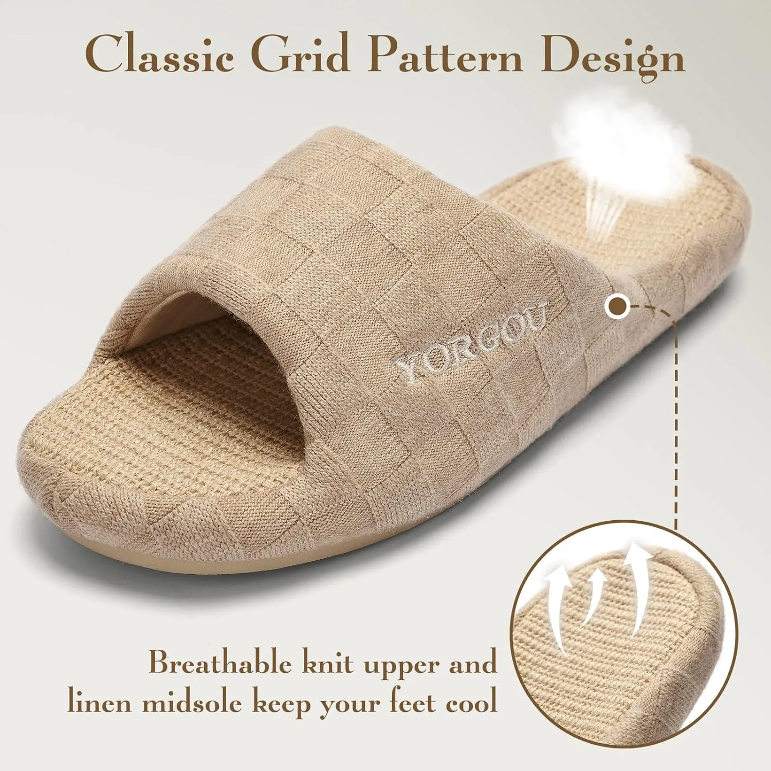 Open Toe Slippers for Women - Unisex Non-Slip Comfy House Slippers Linen Slip On Ladies Slides Breathable Indoor Shoes Washable