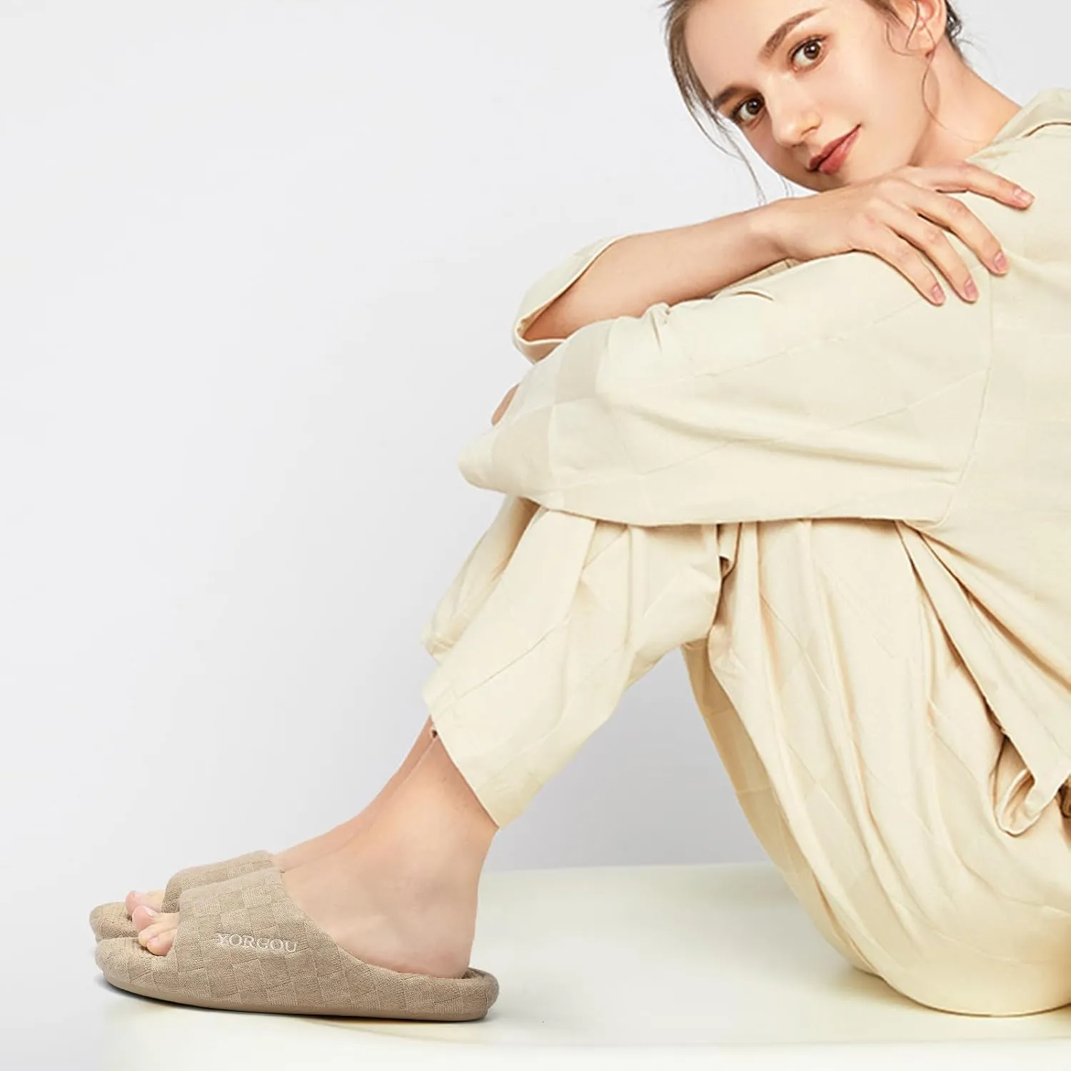 Open Toe Slippers for Women - Unisex Non-Slip Comfy House Slippers Linen Slip On Ladies Slides Breathable Indoor Shoes Washable