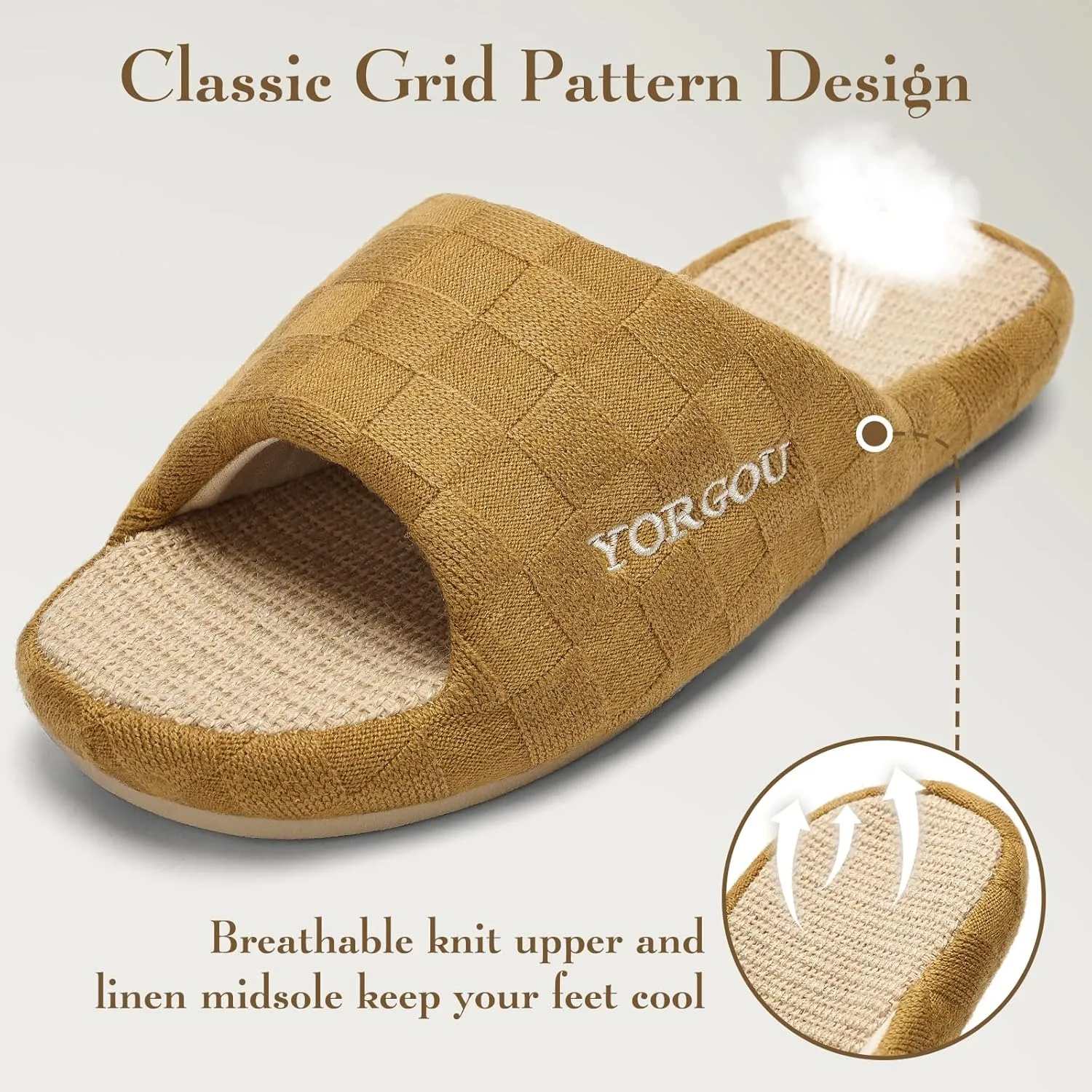 Open Toe Slippers for Women - Unisex Non-Slip Comfy House Slippers Linen Slip On Ladies Slides Breathable Indoor Shoes Washable