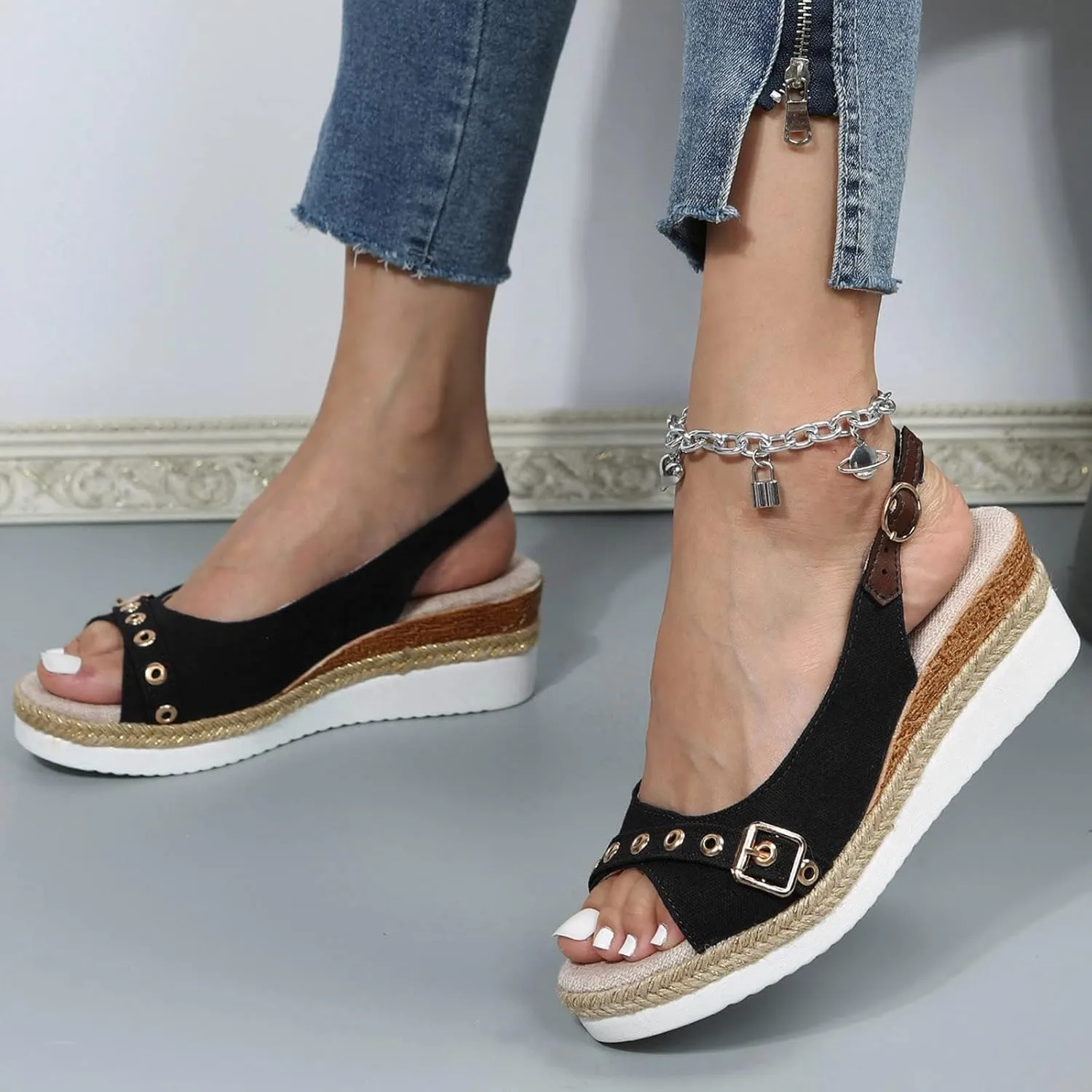 Orthopedic Wedge Sandals for Women Arch Support Trendy Summer Y2K 2025 Solid Spring Buckle Cute Dressy Peep Toe Thick Sole Beach Dress Comfortable