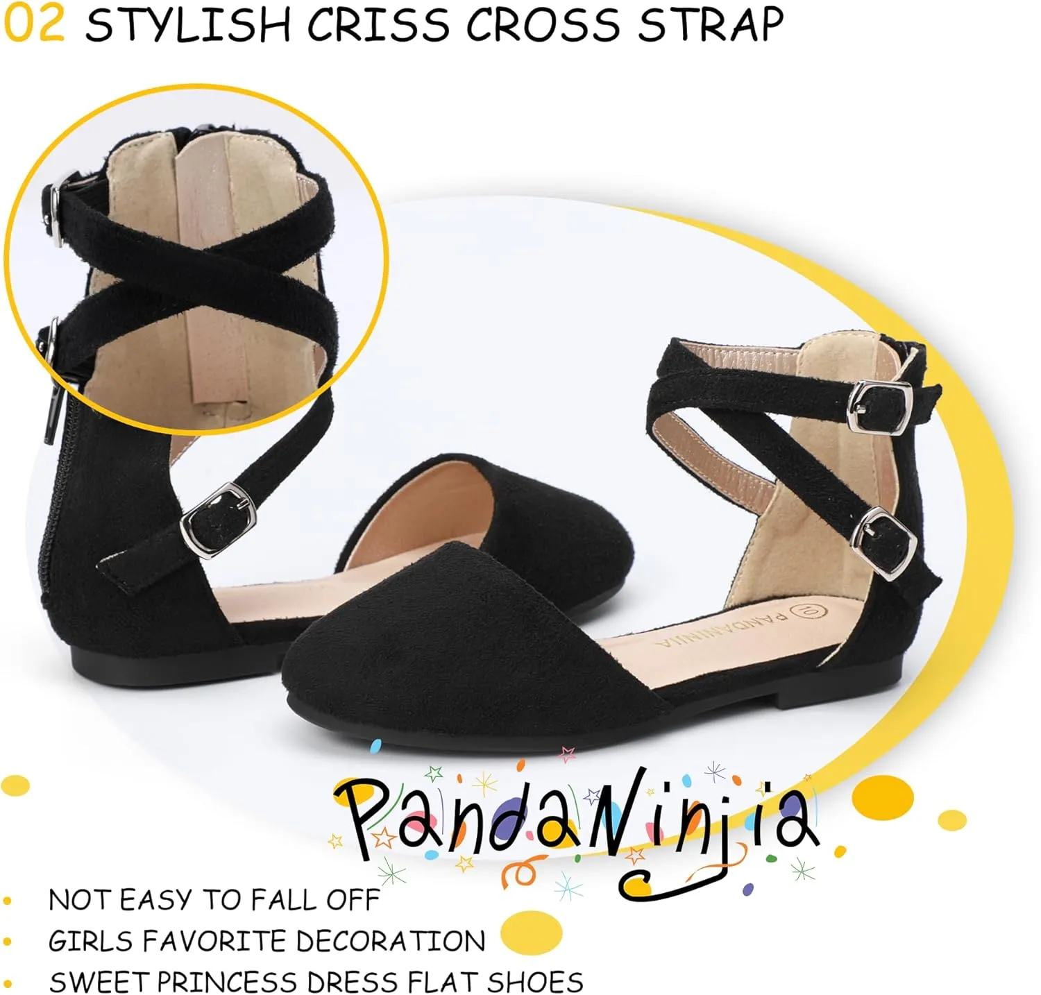 PANDANINJIA Girls Dress Shoes Flats Wedding Party School Toddler Little Kids Ankle Strap Ballet Flats Sandals