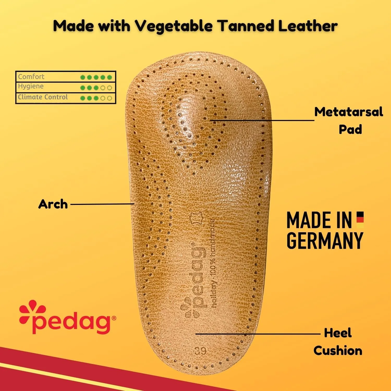 Pedag Holiday | 3/4 Length Sheepskin Orthotic Inserts | Handmade in Germany | Arch Support | Metatarsal Pad | Heel Cushion | Fits Low Profile Tight Shoes | Tan | 1 Pair | US Men 14 / EU 47