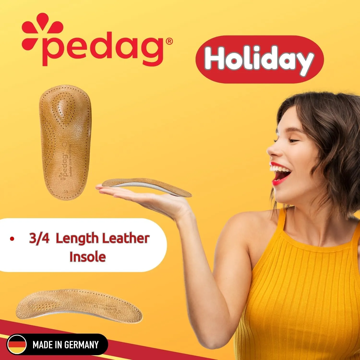 Pedag Holiday | 3/4 Length Sheepskin Orthotic Inserts | Handmade in Germany | Arch Support | Metatarsal Pad | Heel Cushion | Fits Low Profile Tight Shoes | Tan | 1 Pair | US Men 14 / EU 47