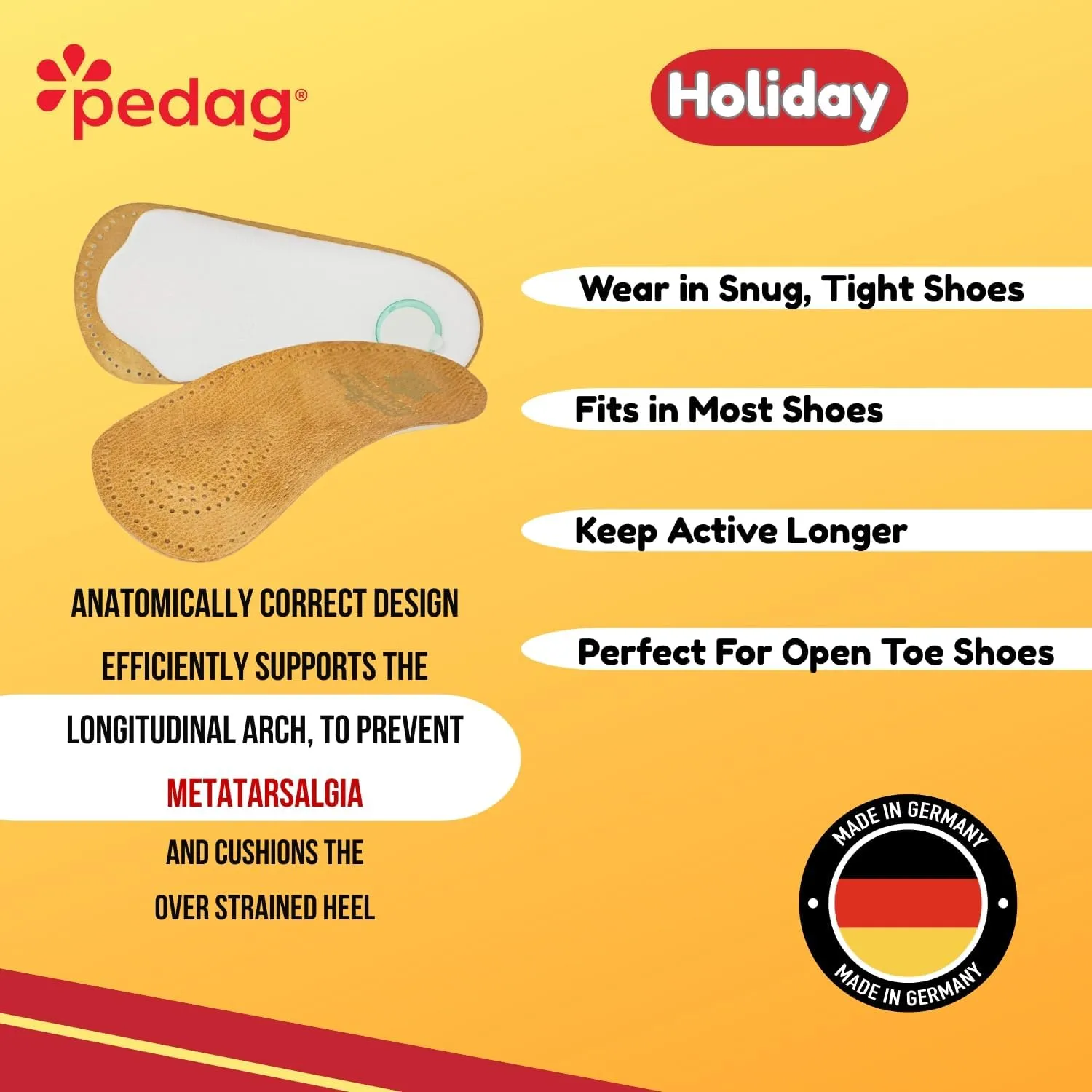 Pedag Holiday | 3/4 Length Sheepskin Orthotic Inserts | Handmade in Germany | Arch Support | Metatarsal Pad | Heel Cushion | Fits Low Profile Tight Shoes | Tan | 1 Pair | US Men 14 / EU 47