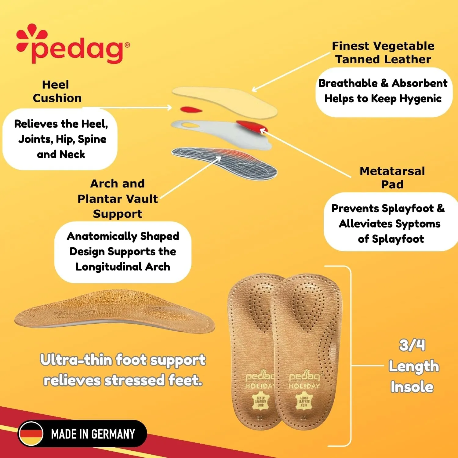 Pedag Holiday | 3/4 Length Sheepskin Orthotic Inserts | Handmade in Germany | Arch Support | Metatarsal Pad | Heel Cushion | Fits Low Profile Tight Shoes | Tan | 1 Pair | US Men 14 / EU 47