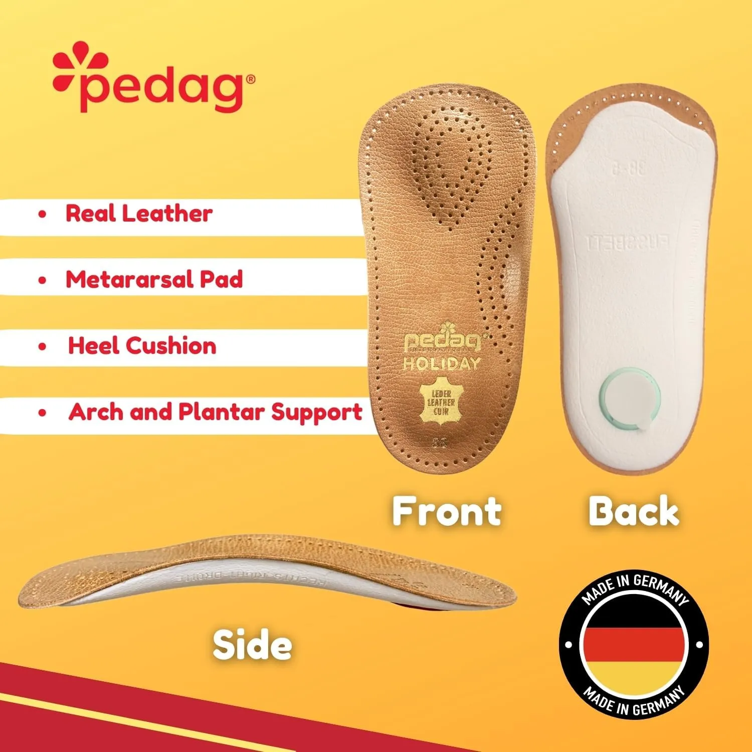 Pedag Holiday | 3/4 Length Sheepskin Orthotic Inserts | Handmade in Germany | Arch Support | Metatarsal Pad | Heel Cushion | Fits Low Profile Tight Shoes | Tan | 1 Pair | US Men 14 / EU 47