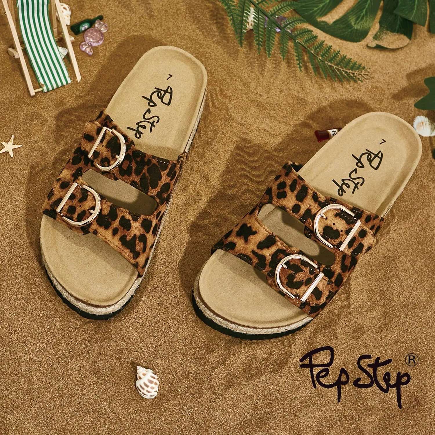 PepStep Slide Sandals for Women with Soft Cork Footbed and Strap, Ladies Fashion Platform Slide Sandals Comfortable Slip On Style