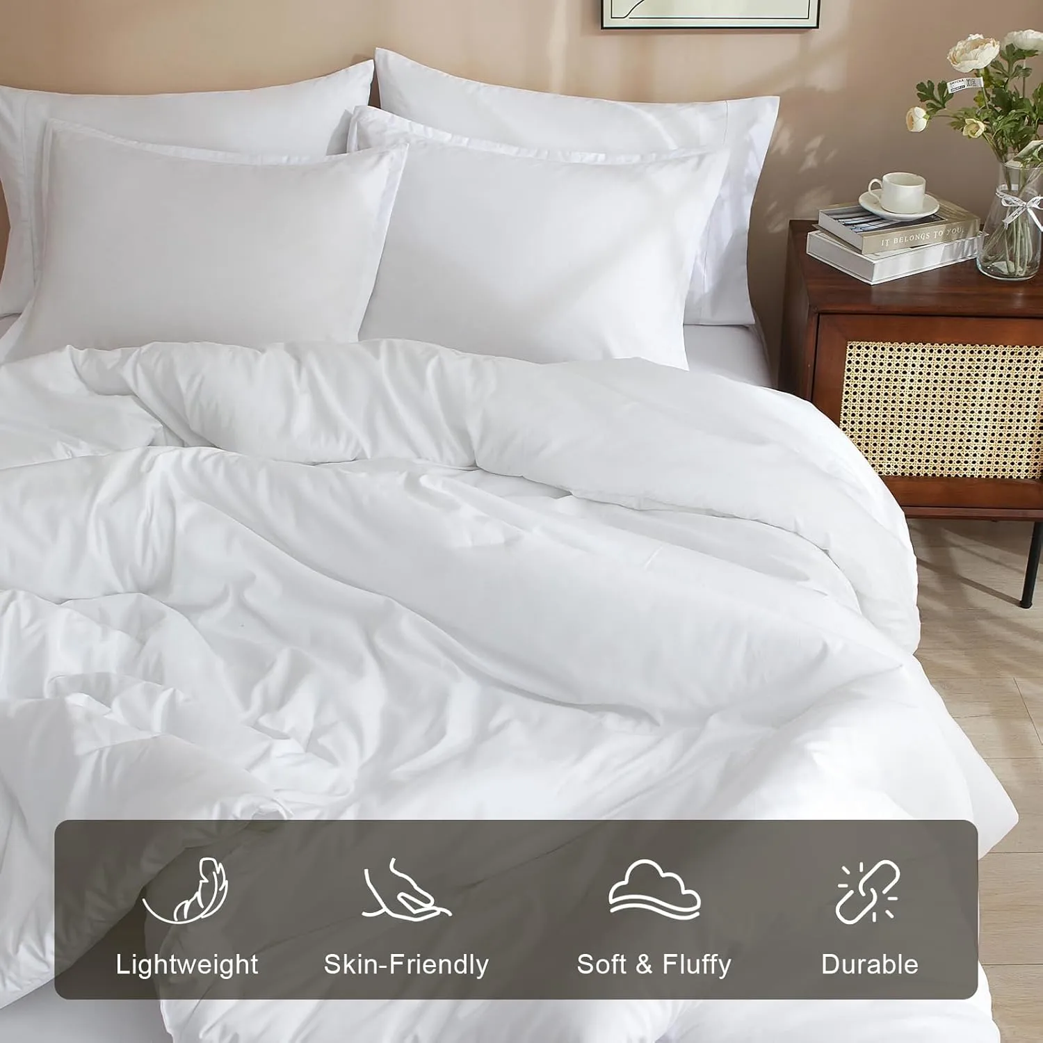 PHF 5 Pieces Twin Comforter Set, Lightweight Bed in A Bag & 18" Sheet Set for All Season, Ultra Soft Cozy Bedding with Comforter, Sheets, Pillowcases & Shams, White