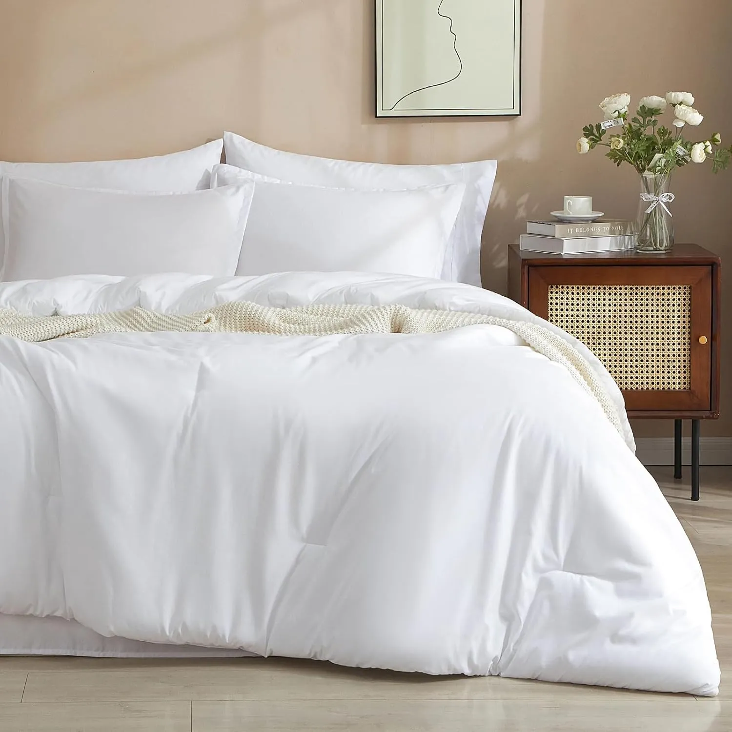 PHF 5 Pieces Twin Comforter Set, Lightweight Bed in A Bag & 18" Sheet Set for All Season, Ultra Soft Cozy Bedding with Comforter, Sheets, Pillowcases & Shams, White