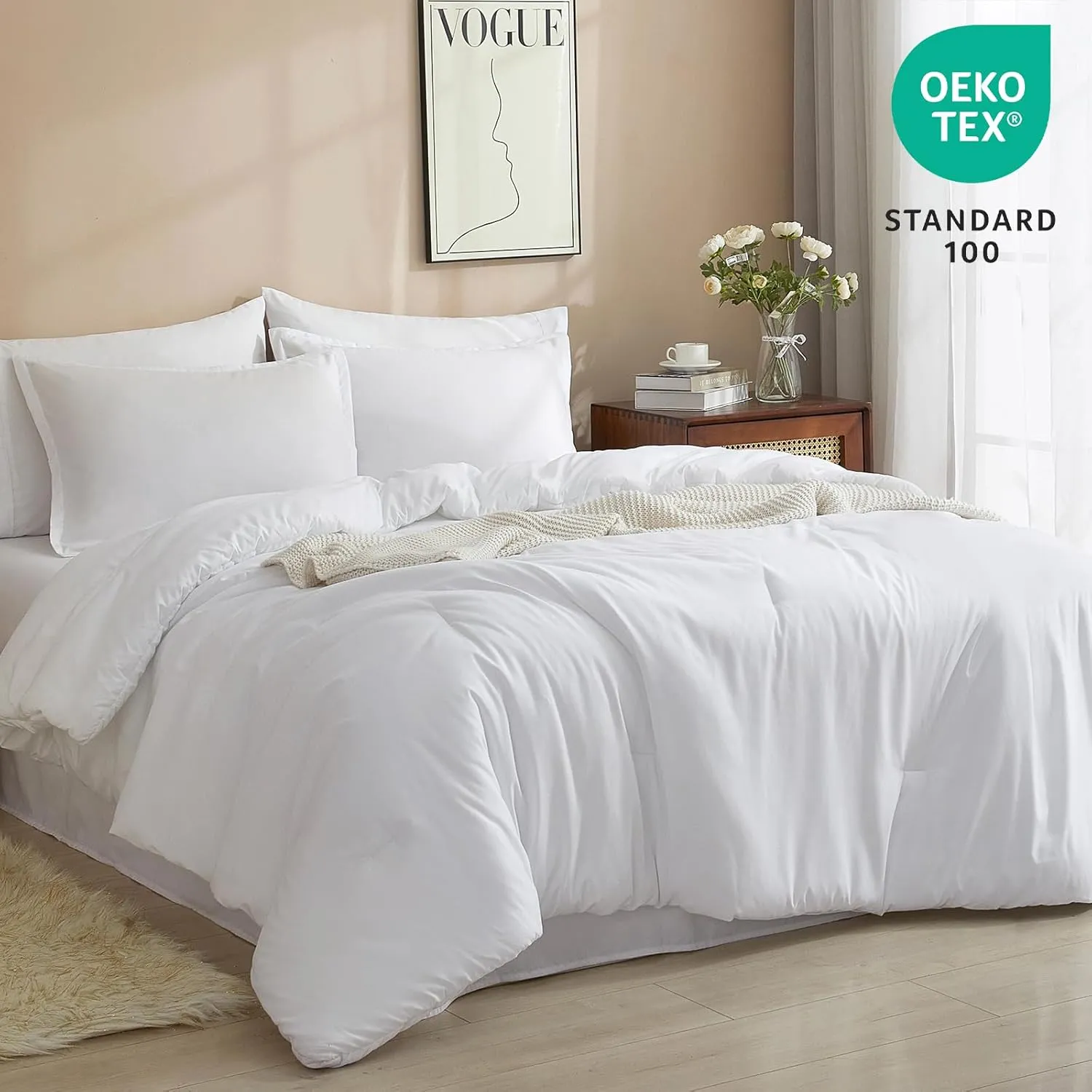 PHF 5 Pieces Twin Comforter Set, Lightweight Bed in A Bag & 18" Sheet Set for All Season, Ultra Soft Cozy Bedding with Comforter, Sheets, Pillowcases & Shams, White