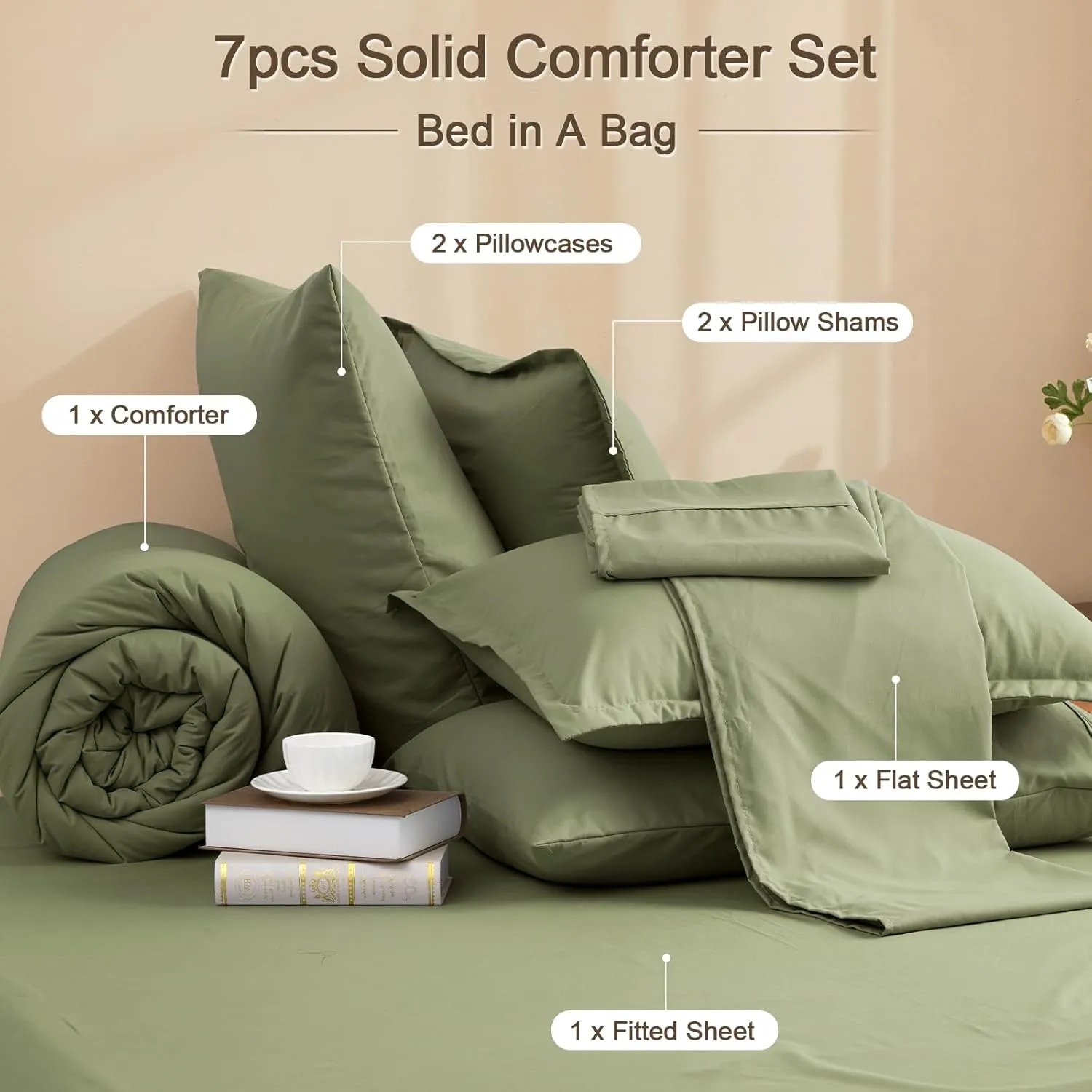 PHF 7 Pieces Queen Comforter Set, Lightweight Bed in A Bag & 18" Sheet Set for All Season, Ultra Soft Cozy Bedding with Comforter, Sheets, Pillowcases & Shams, Olive Green