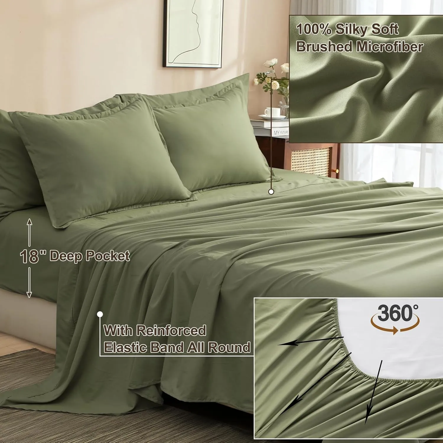 PHF 7 Pieces Queen Comforter Set, Lightweight Bed in A Bag & 18" Sheet Set for All Season, Ultra Soft Cozy Bedding with Comforter, Sheets, Pillowcases & Shams, Olive Green