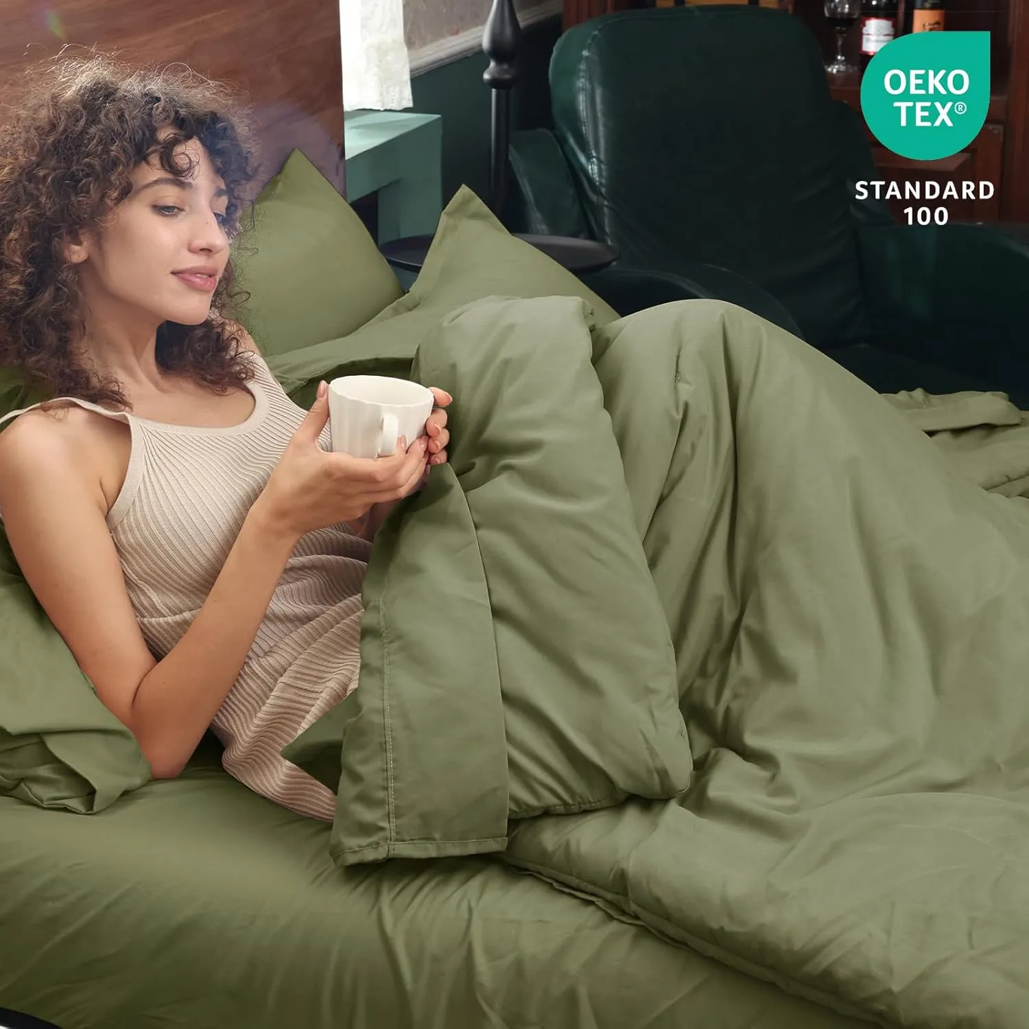 PHF 7 Pieces Queen Comforter Set, Lightweight Bed in A Bag & 18" Sheet Set for All Season, Ultra Soft Cozy Bedding with Comforter, Sheets, Pillowcases & Shams, Olive Green