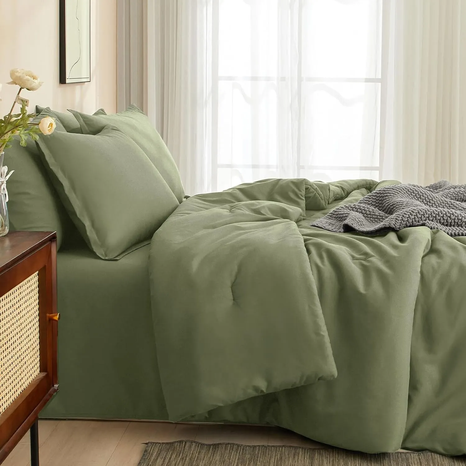 PHF 7 Pieces Queen Comforter Set, Lightweight Bed in A Bag & 18" Sheet Set for All Season, Ultra Soft Cozy Bedding with Comforter, Sheets, Pillowcases & Shams, Olive Green