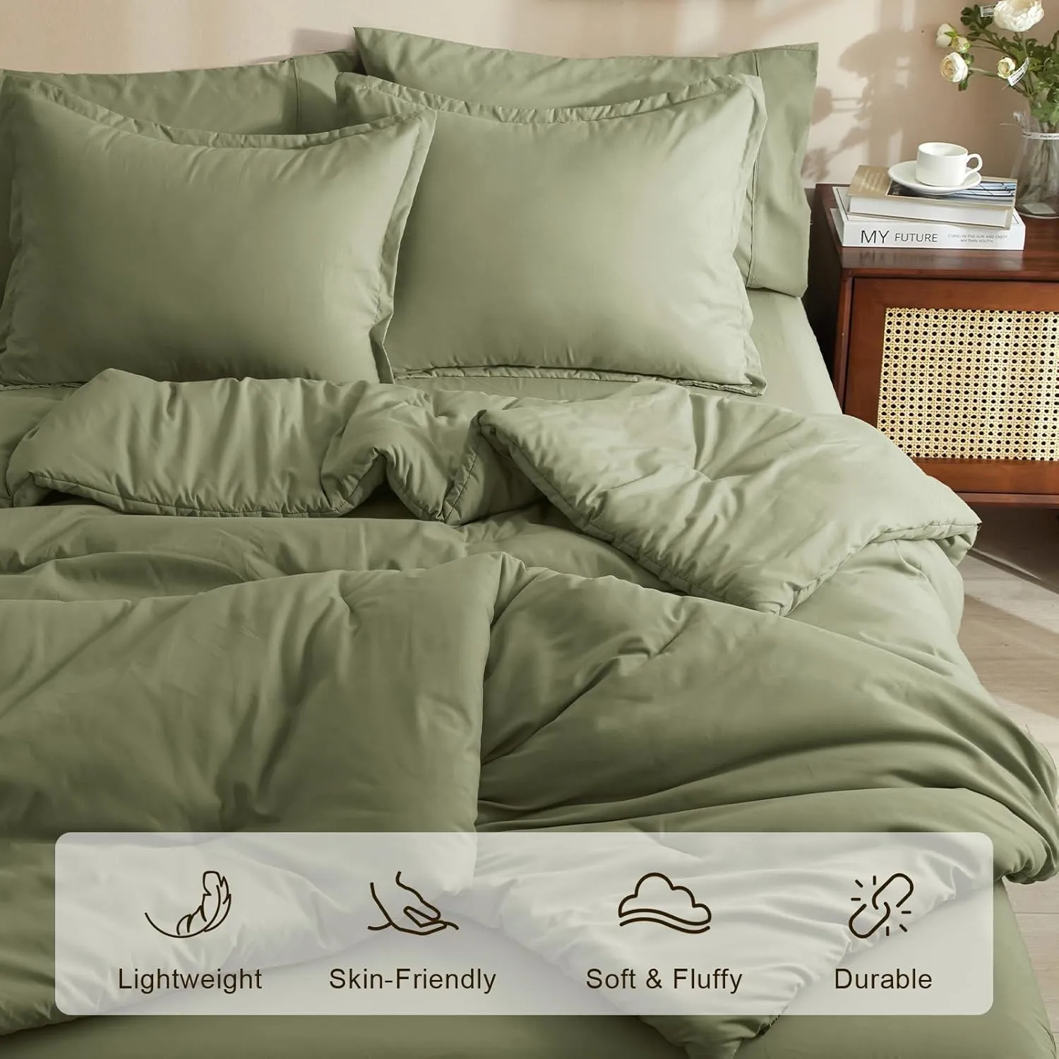 PHF 7 Pieces Queen Comforter Set, Lightweight Bed in A Bag & 18" Sheet Set for All Season, Ultra Soft Cozy Bedding with Comforter, Sheets, Pillowcases & Shams, Olive Green
