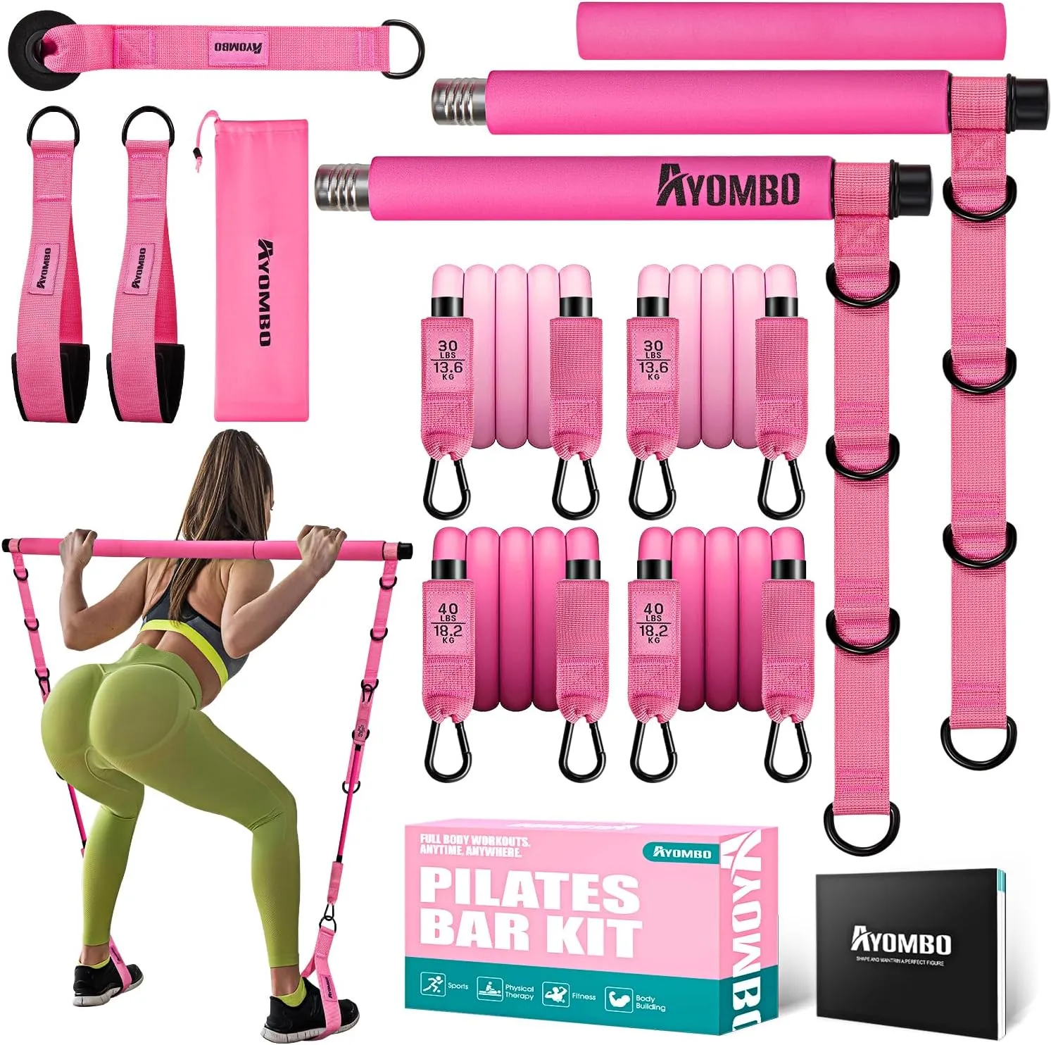 Pilates Bar Kit With Resistance Bands, Workout Equipment for Legs, Hip, Waist, Arm, Squats Exercise Equipment for Home Workouts, Adjustable 3-Section Bar Kit for Women & Men