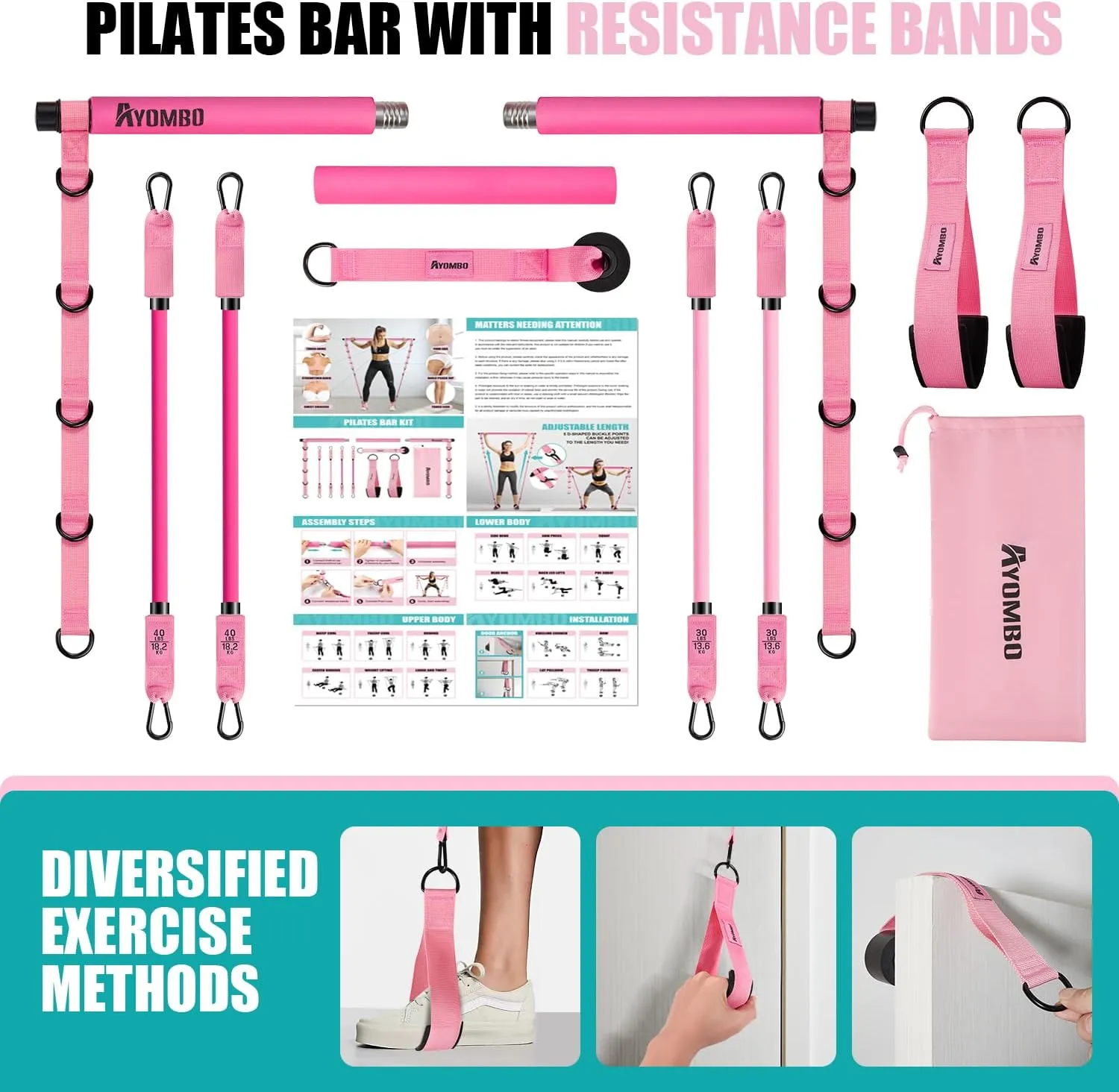 Pilates Bar Kit With Resistance Bands, Workout Equipment for Legs, Hip, Waist, Arm, Squats Exercise Equipment for Home Workouts, Adjustable 3-Section Bar Kit for Women & Men