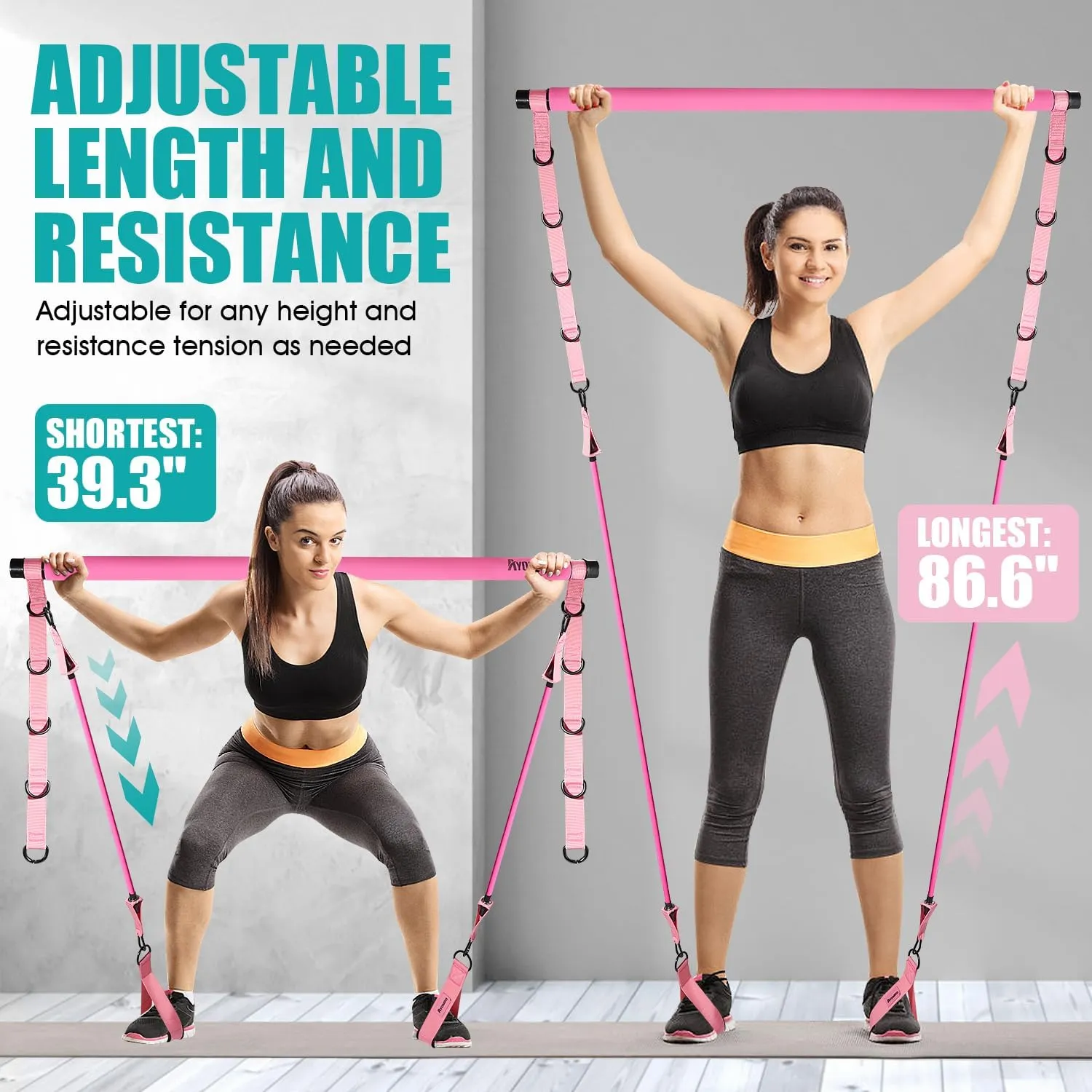 Pilates Bar Kit With Resistance Bands, Workout Equipment for Legs, Hip, Waist, Arm, Squats Exercise Equipment for Home Workouts, Adjustable 3-Section Bar Kit for Women & Men