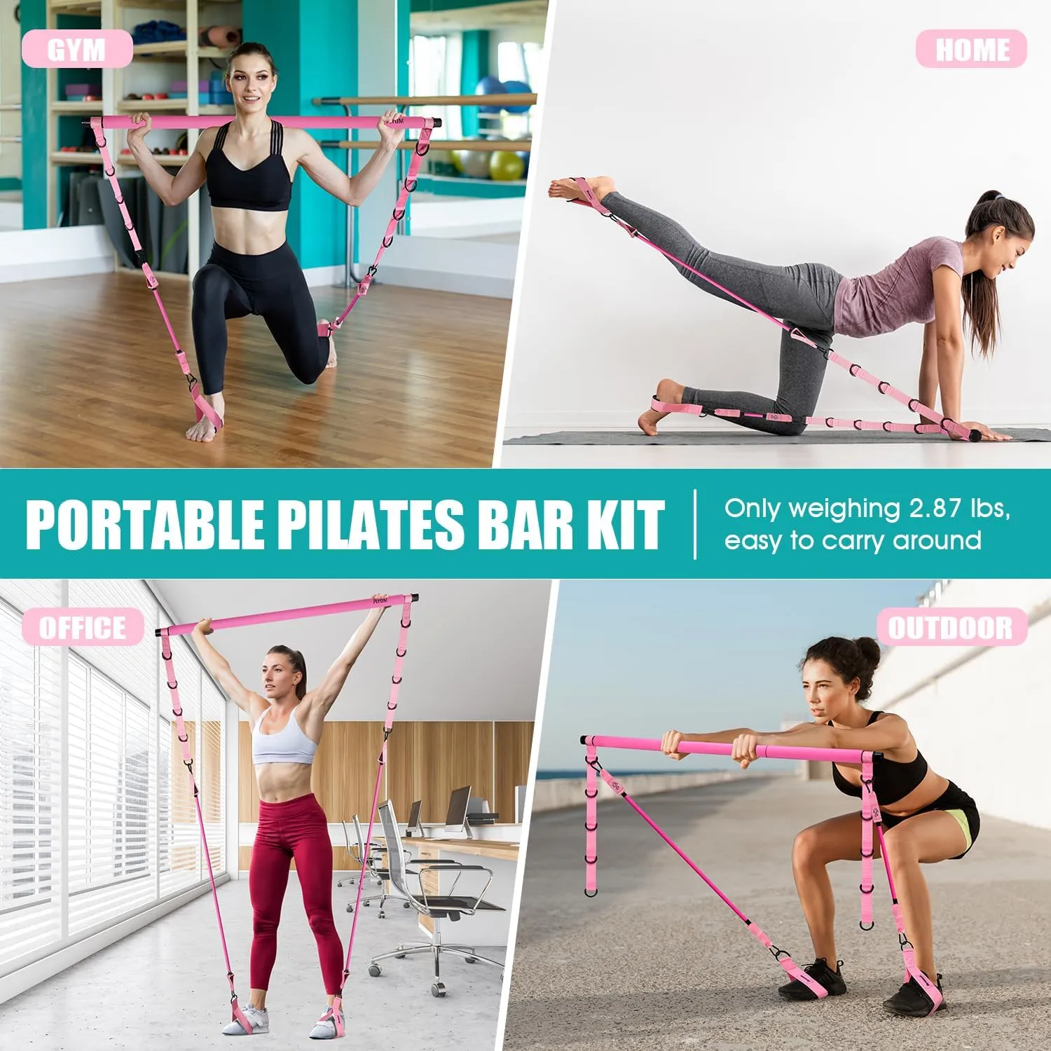Pilates Bar Kit With Resistance Bands, Workout Equipment for Legs, Hip, Waist, Arm, Squats Exercise Equipment for Home Workouts, Adjustable 3-Section Bar Kit for Women & Men