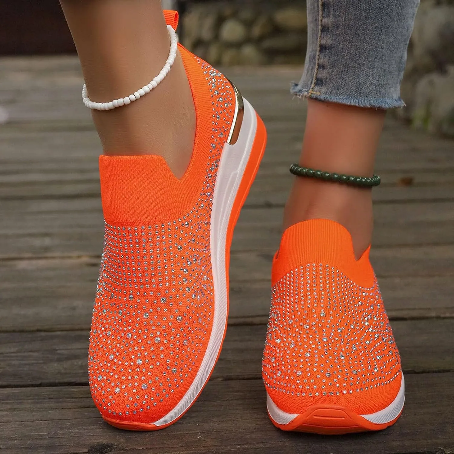 Platform Sneakers for Women Slip On,Breathable Mesh Casual Shoes Rhinestone Sparkly Shoes Wide Width Walking Shoes