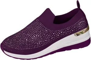 Platform Sneakers for Women Slip On,Breathable Mesh Casual Shoes Rhinestone Sparkly Shoes Wide Width Walking Shoes