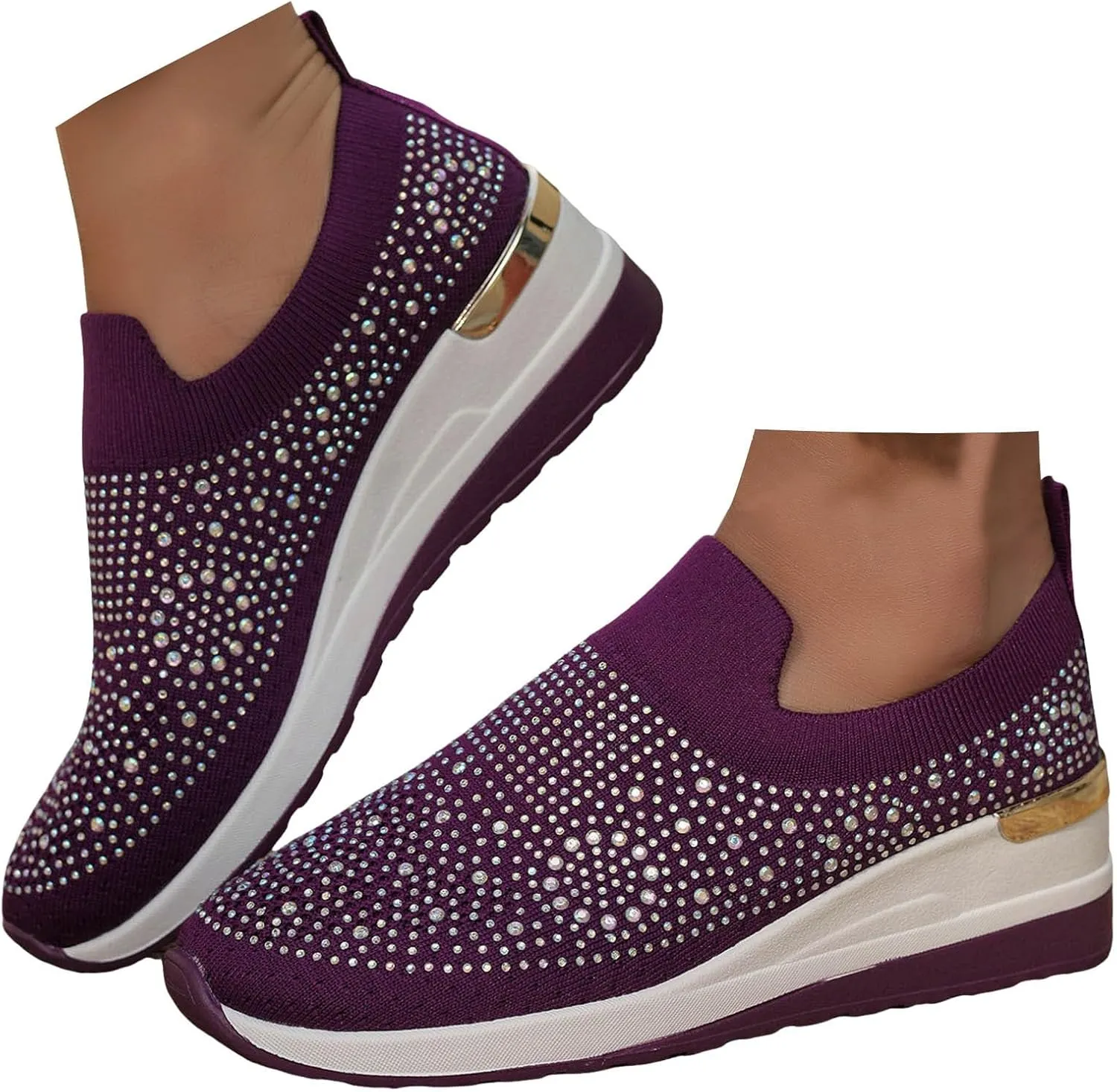 Platform Sneakers for Women Slip On,Breathable Mesh Casual Shoes Rhinestone Sparkly Shoes Wide Width Walking Shoes