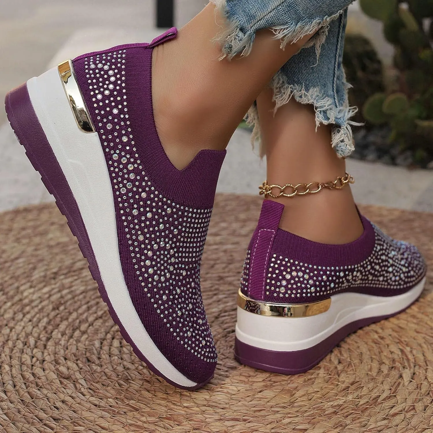 Platform Sneakers for Women Slip On,Breathable Mesh Casual Shoes Rhinestone Sparkly Shoes Wide Width Walking Shoes