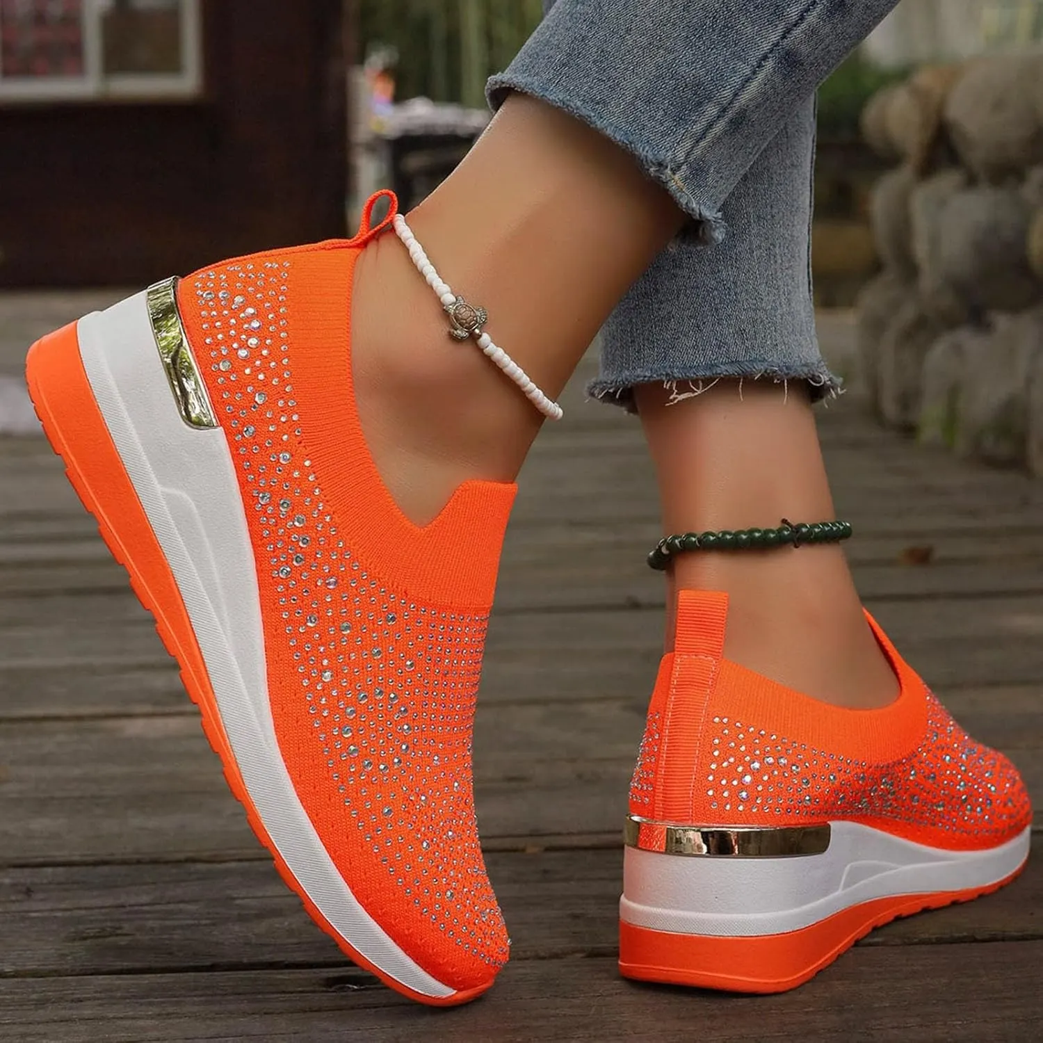 Platform Sneakers for Women Slip On,Breathable Mesh Casual Shoes Rhinestone Sparkly Shoes Wide Width Walking Shoes