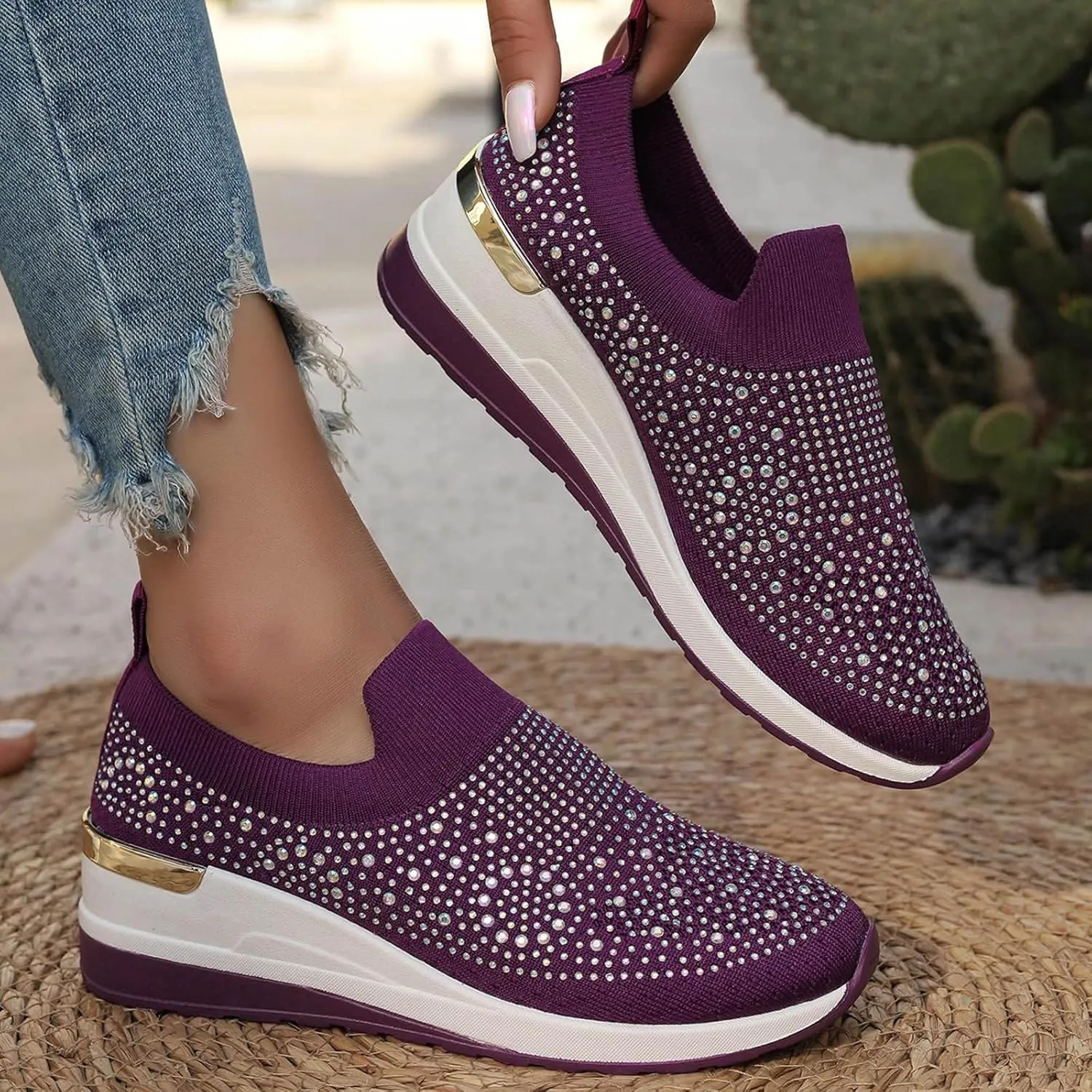 Platform Sneakers for Women Slip On,Breathable Mesh Casual Shoes Rhinestone Sparkly Shoes Wide Width Walking Shoes