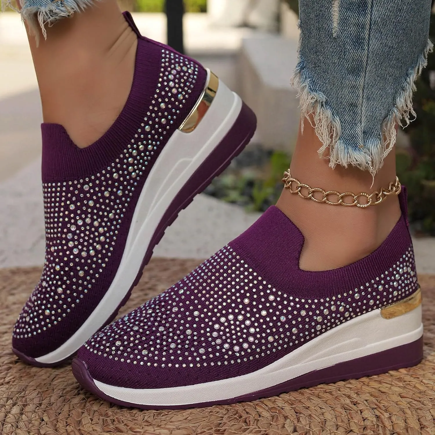 Platform Sneakers for Women Slip On,Breathable Mesh Casual Shoes Rhinestone Sparkly Shoes Wide Width Walking Shoes