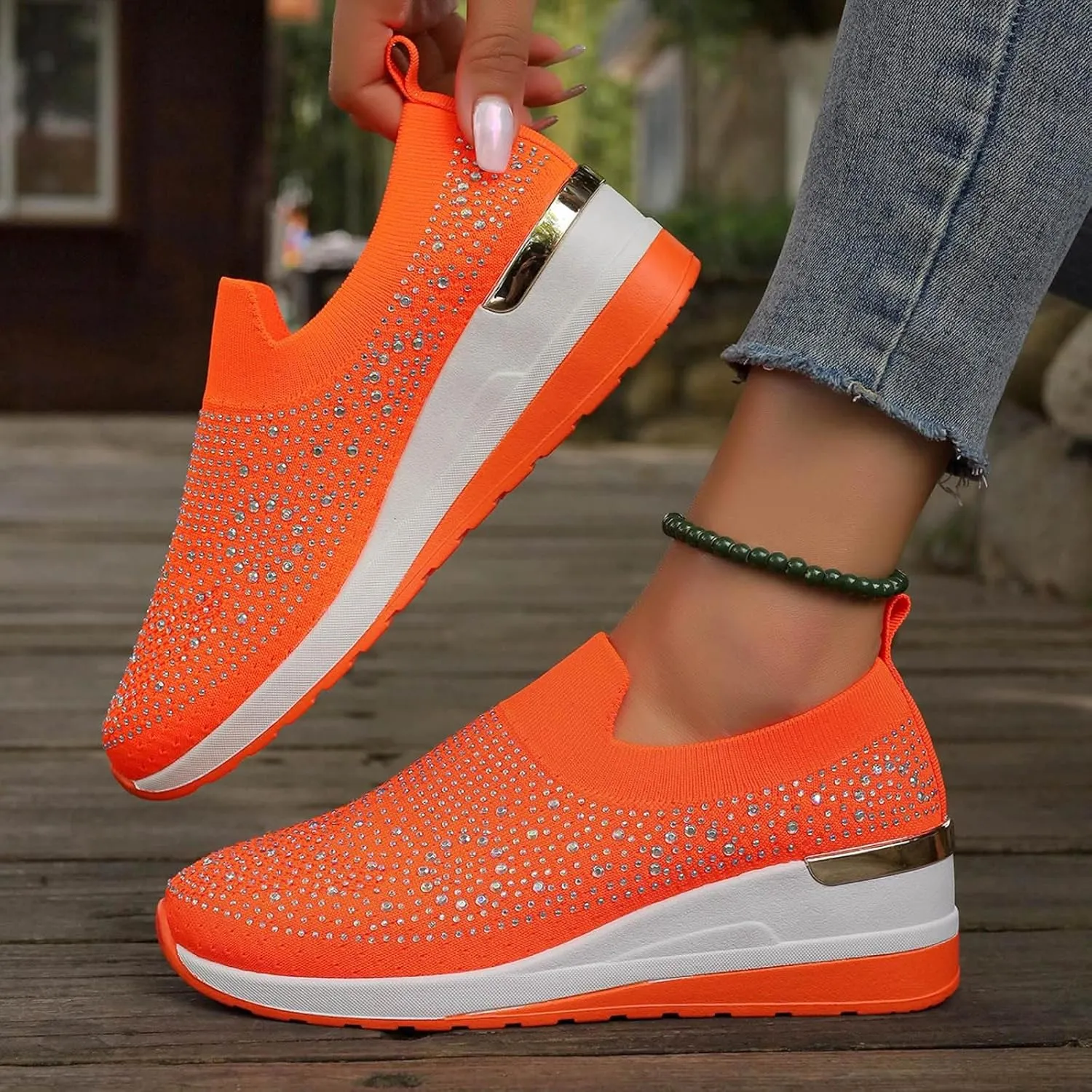 Platform Sneakers for Women Slip On,Breathable Mesh Casual Shoes Rhinestone Sparkly Shoes Wide Width Walking Shoes
