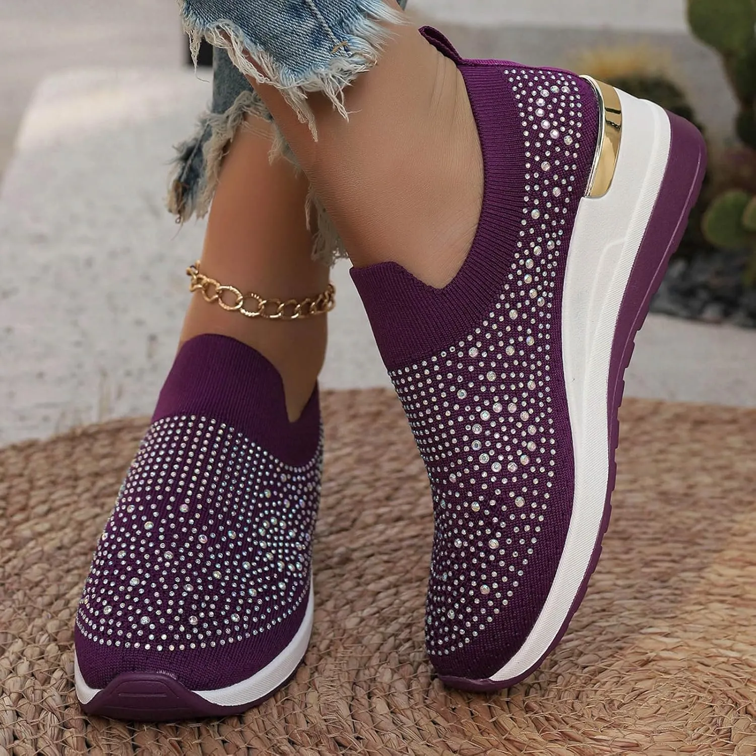 Platform Sneakers for Women Slip On,Breathable Mesh Casual Shoes Rhinestone Sparkly Shoes Wide Width Walking Shoes
