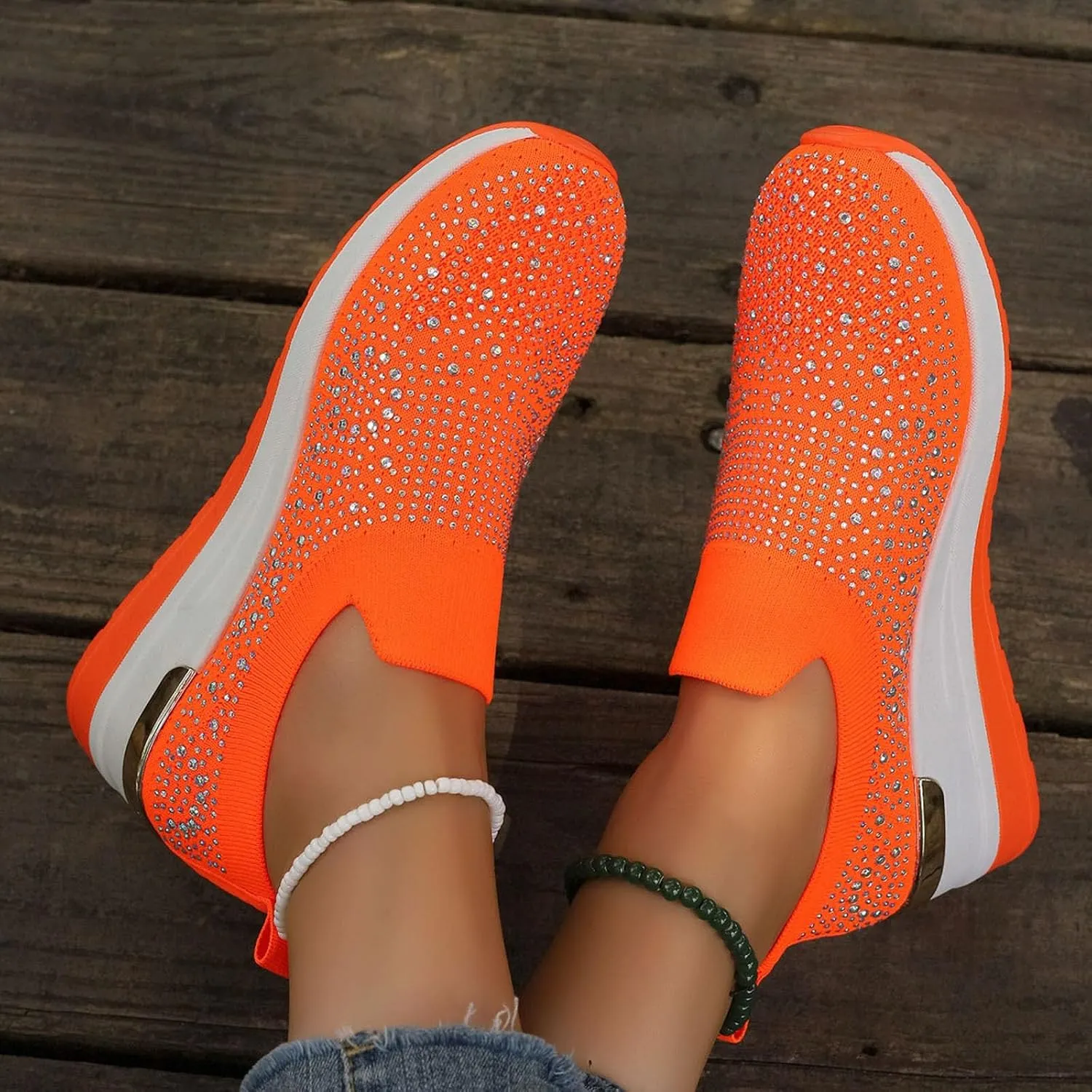 Platform Sneakers for Women Slip On,Breathable Mesh Casual Shoes Rhinestone Sparkly Shoes Wide Width Walking Shoes