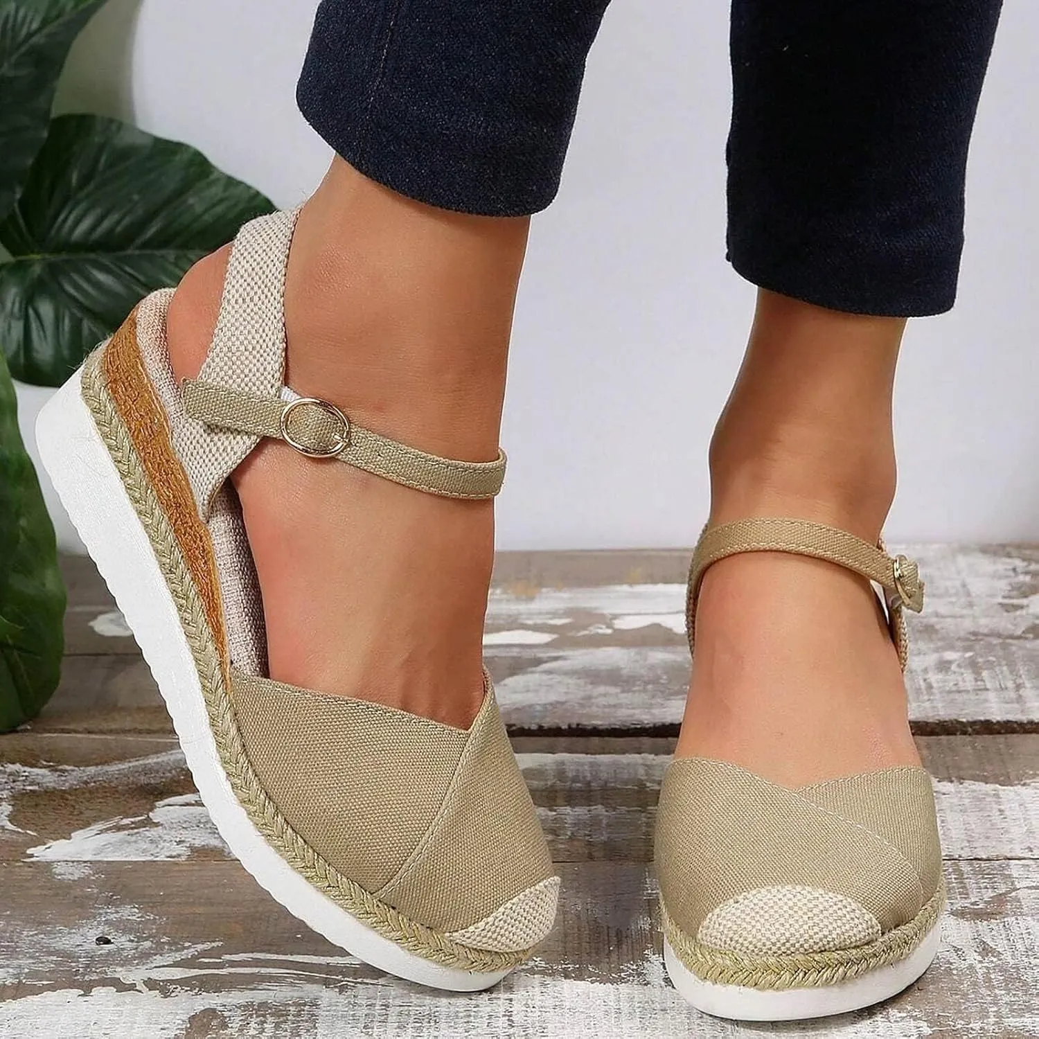 Platform Wedge Sandals for Women Summer Dressy Color Block Ankle Strap Closed Toe Espadrille Wedge Sandals Casual Beach Shoes