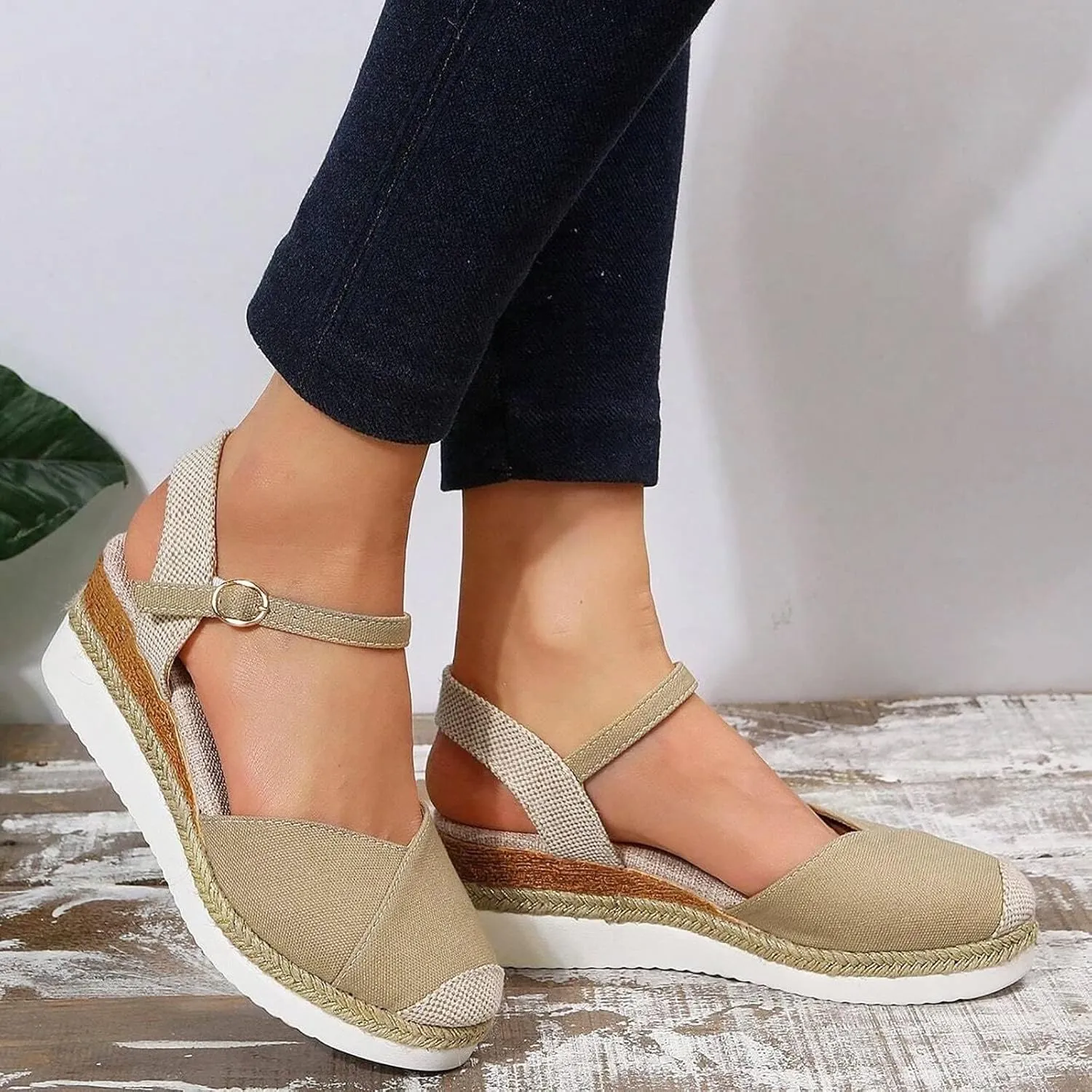 Platform Wedge Sandals for Women Summer Dressy Color Block Ankle Strap Closed Toe Espadrille Wedge Sandals Casual Beach Shoes
