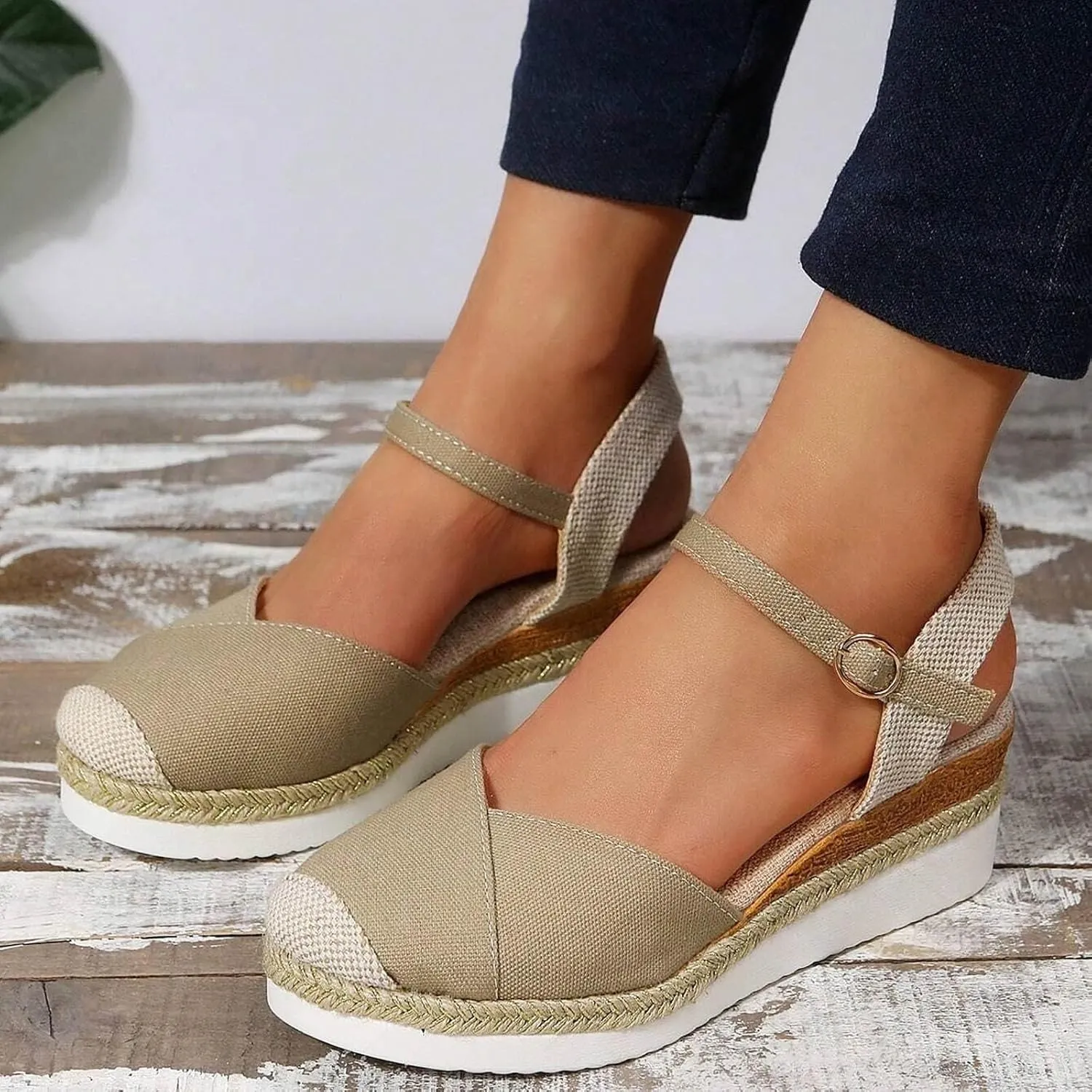 Platform Wedge Sandals for Women Summer Dressy Color Block Ankle Strap Closed Toe Espadrille Wedge Sandals Casual Beach Shoes