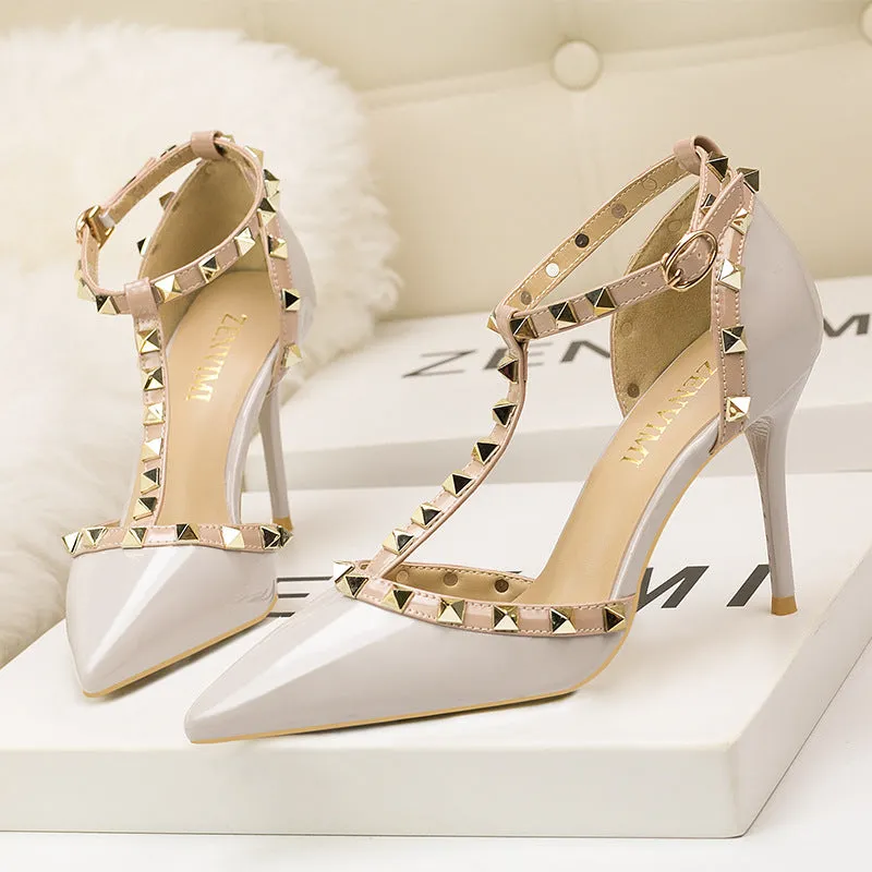 Pointed Rivet Hollow High Heels Sandal