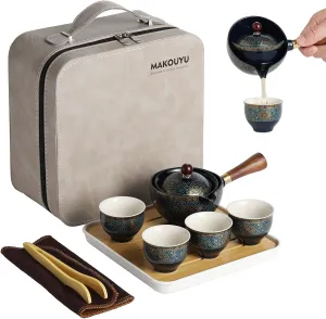 Portable Chinese Kungfu Tea Set,Asian Porcelain Tea Service With Tea Tray，Leather Storage Box，Suitable for Travel, Home,Outdoor and Office，Excellent Gift Idea For Tea Lovers （Dark Blue）