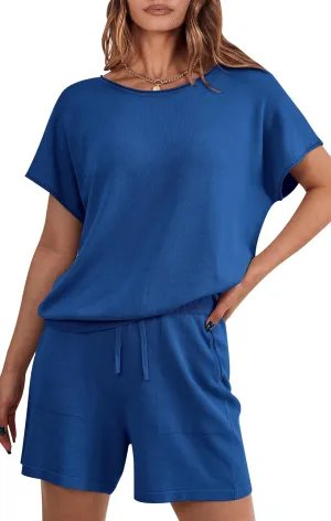 PRETTYGARDEN Two Piece Set For Women Summer Lounge Sets Shorts And Short Sleeve Tops Knitted Matching Travel Spring Outfits